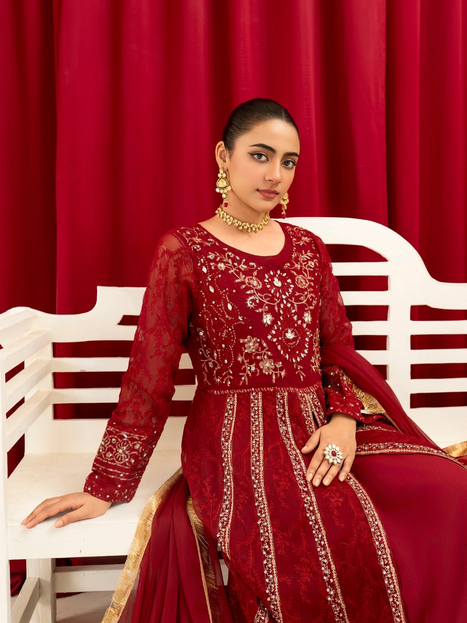 Manahil Arts Chiffon Embellished Stitched 3-Piece Suit-B-007-Maroon