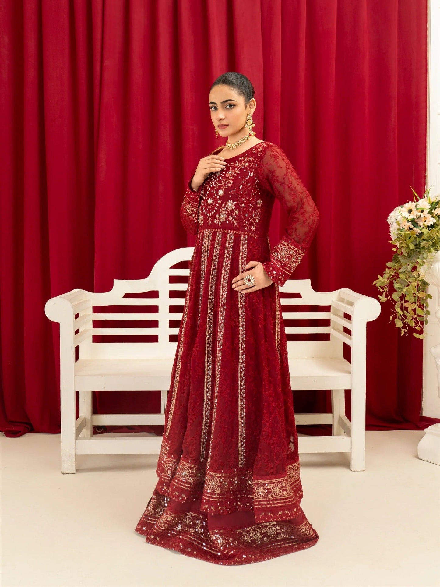 Manahil Arts Chiffon Embellished Stitched 3-Piece Suit-B-007-Maroon