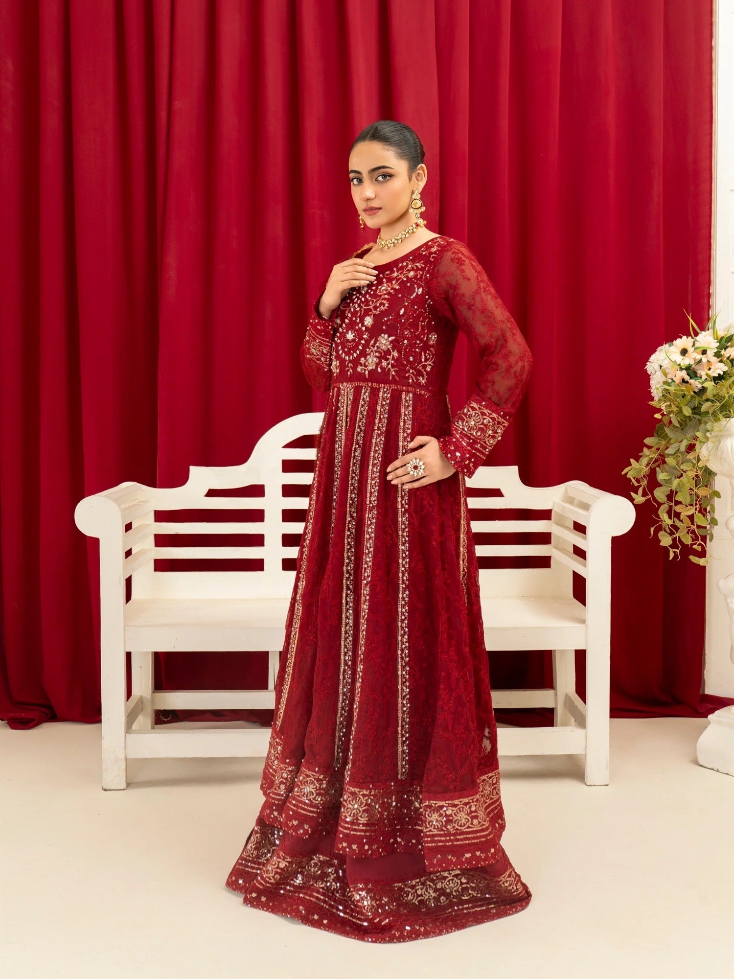 Manahil Arts Chiffon Embellished Stitched 3-Piece Suit-B-007-Maroon