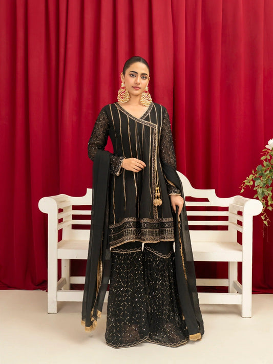 Black Manahil Arts Chiffon Embroidered Stitched 3-Piece Gharara-Kurti 112-Black