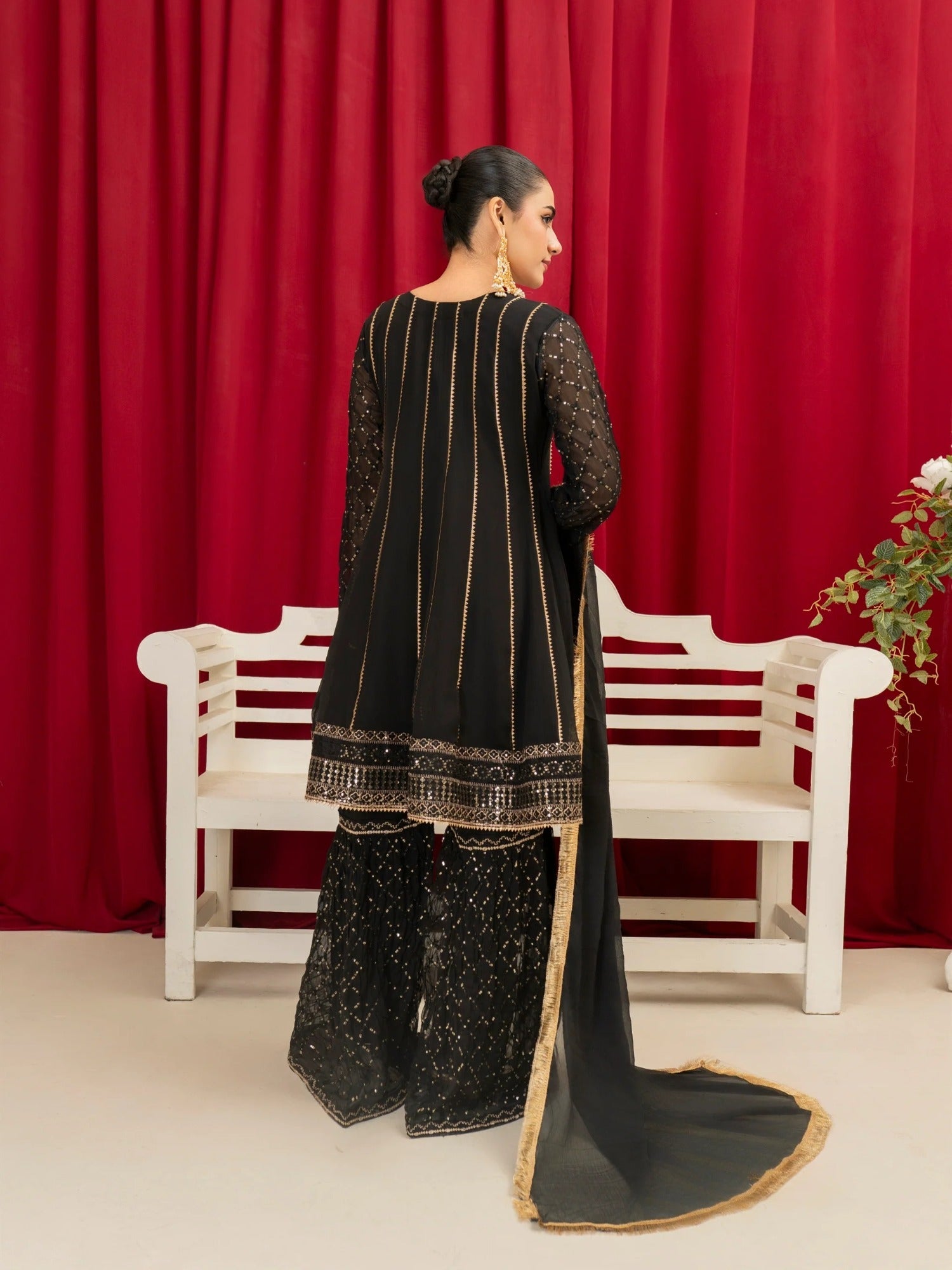 Black Manahil Arts Chiffon Embroidered Stitched 3-Piece Gharara-Kurti 112-Black