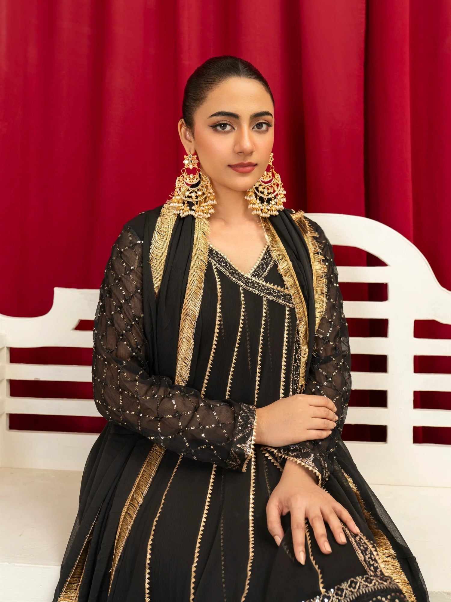 Black Manahil Arts Chiffon Embroidered Stitched 3-Piece Gharara-Kurti 112-Black