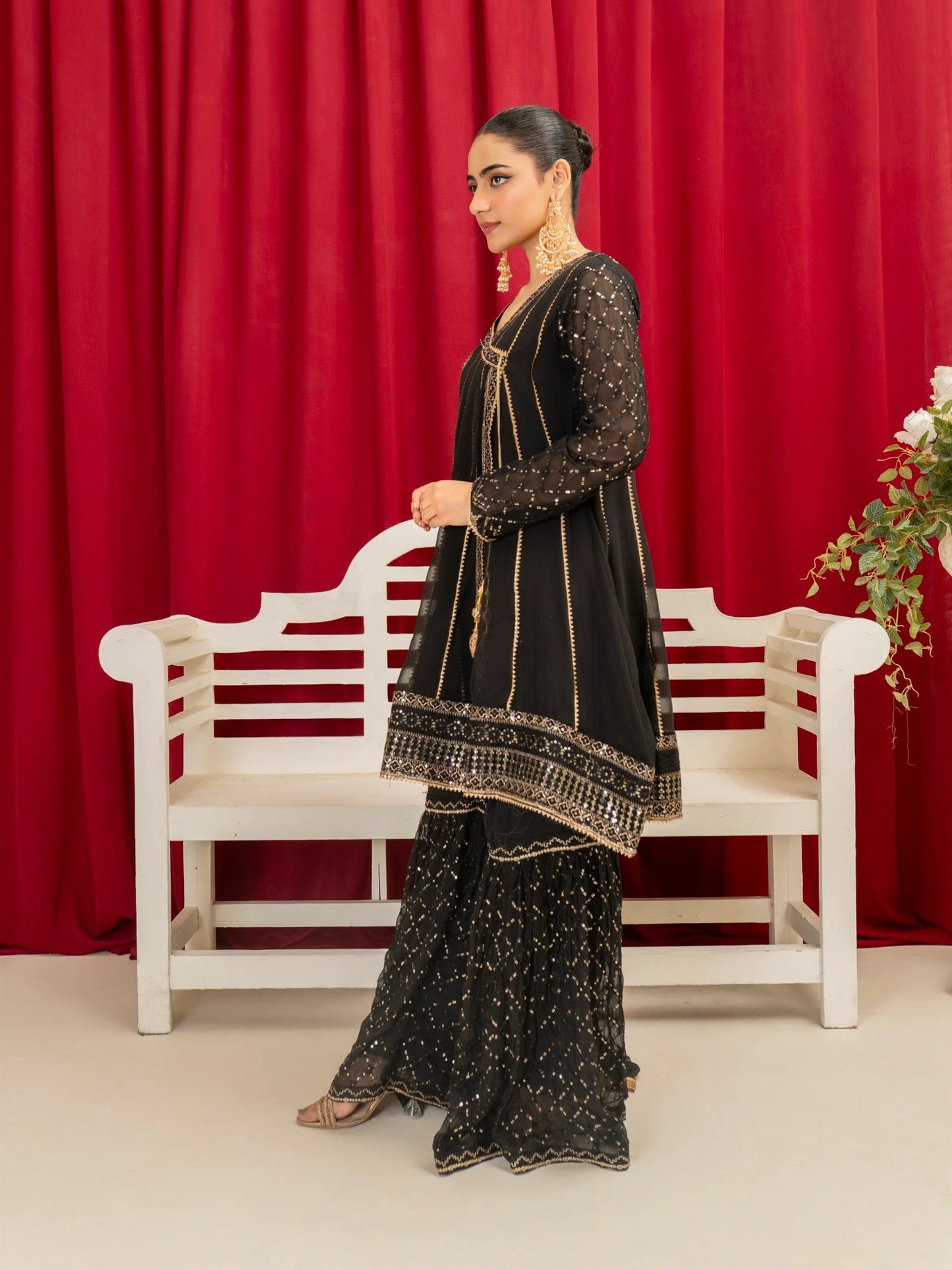 Black Manahil Arts Chiffon Embroidered Stitched 3-Piece Gharara-Kurti 112-Black