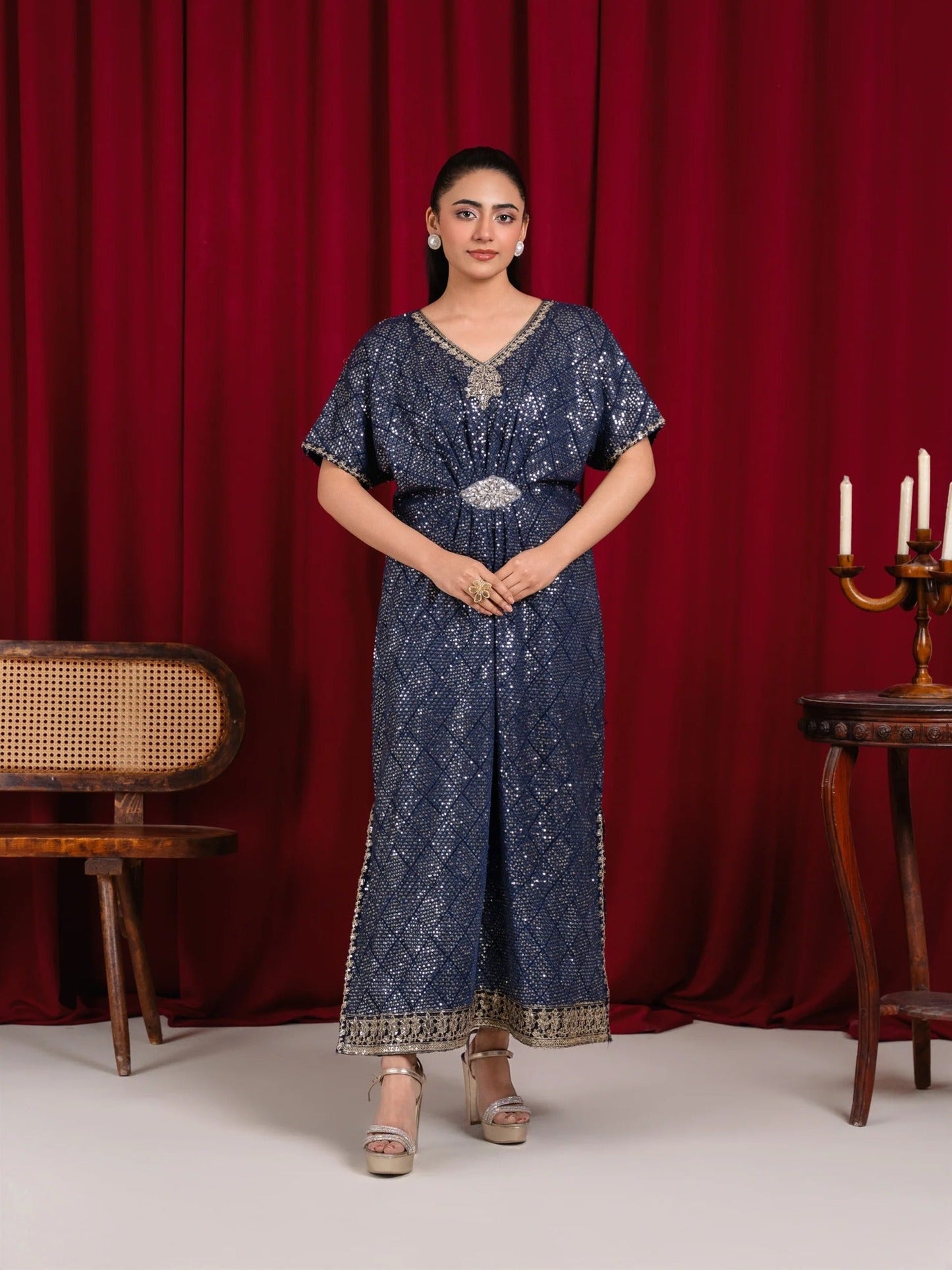 Blue Manahil Arts Chiffon Embroidered Stitched 2-Piece Kaftan Set-WA 03-Navy Blue