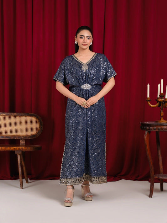 Blue Manahil Arts Chiffon Embroidered Stitched 2-Piece Kaftan Set-WA 03-Navy Blue