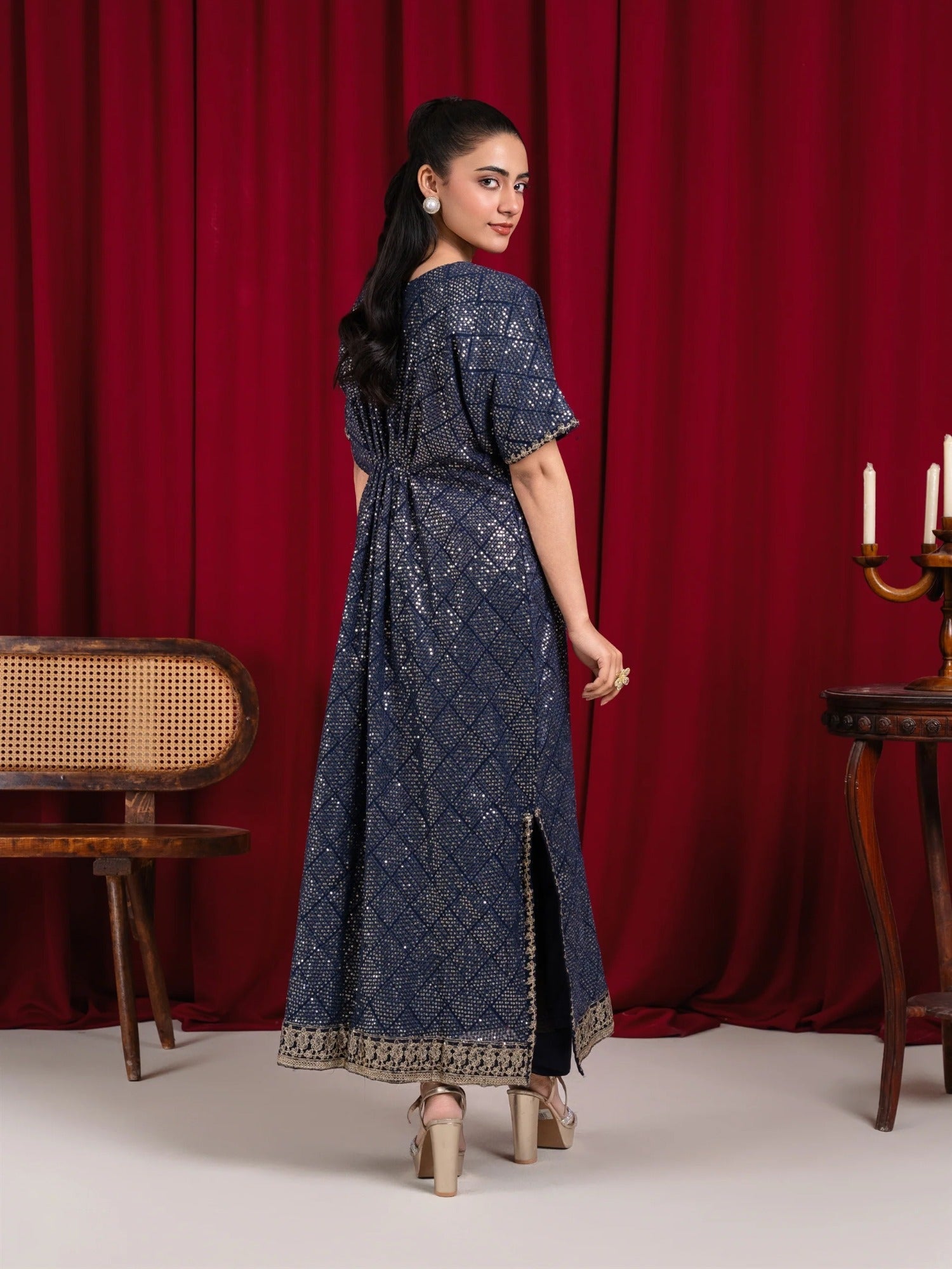 Blue Manahil Arts Chiffon Embroidered Stitched 2-Piece Kaftan Set-WA 03-Navy Blue