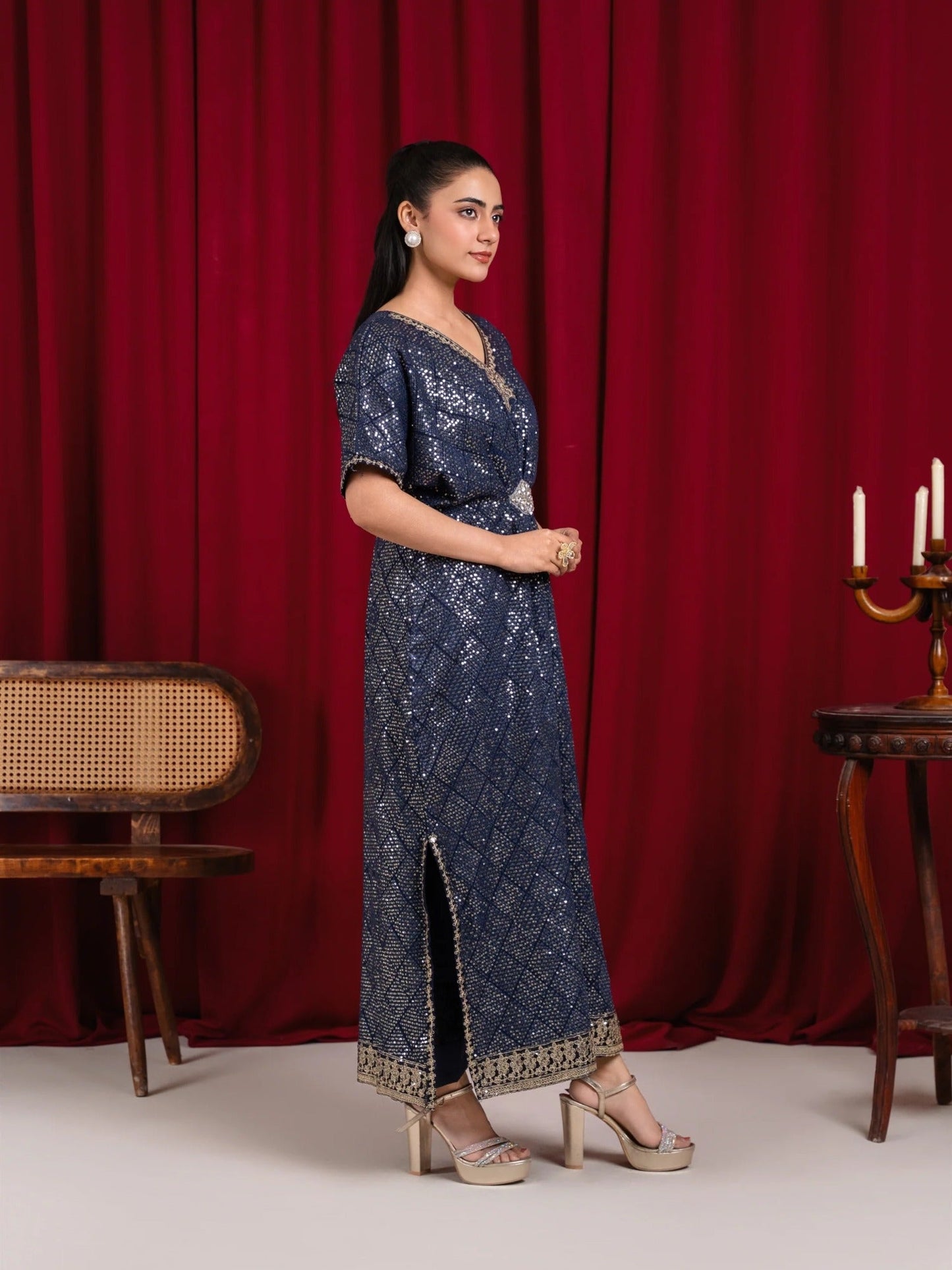 Blue Manahil Arts Chiffon Embroidered Stitched 2-Piece Kaftan Set-WA 03-Navy Blue