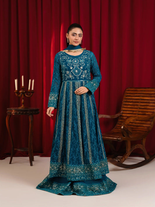 Manahil Arts Chiffon Embellished Stitched 3-Piece Suit-B-007-Teal