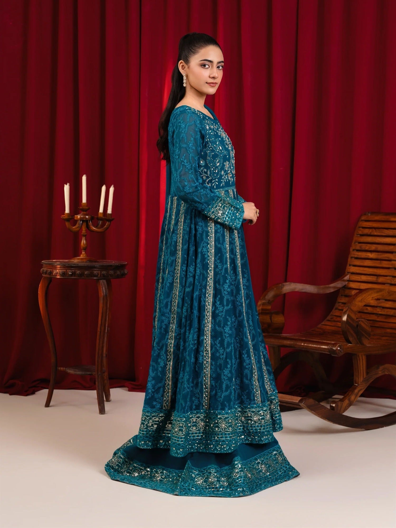 Manahil Arts Chiffon Embellished Stitched 3-Piece Suit-B-007-Teal