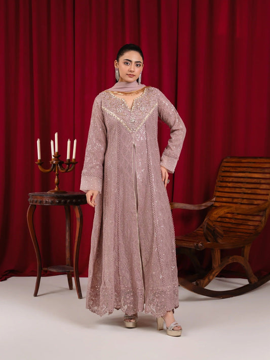 Pink Manahil Arts Chiffon Embellished Stitched 3-Piece Suit-K-136-Tea Rose