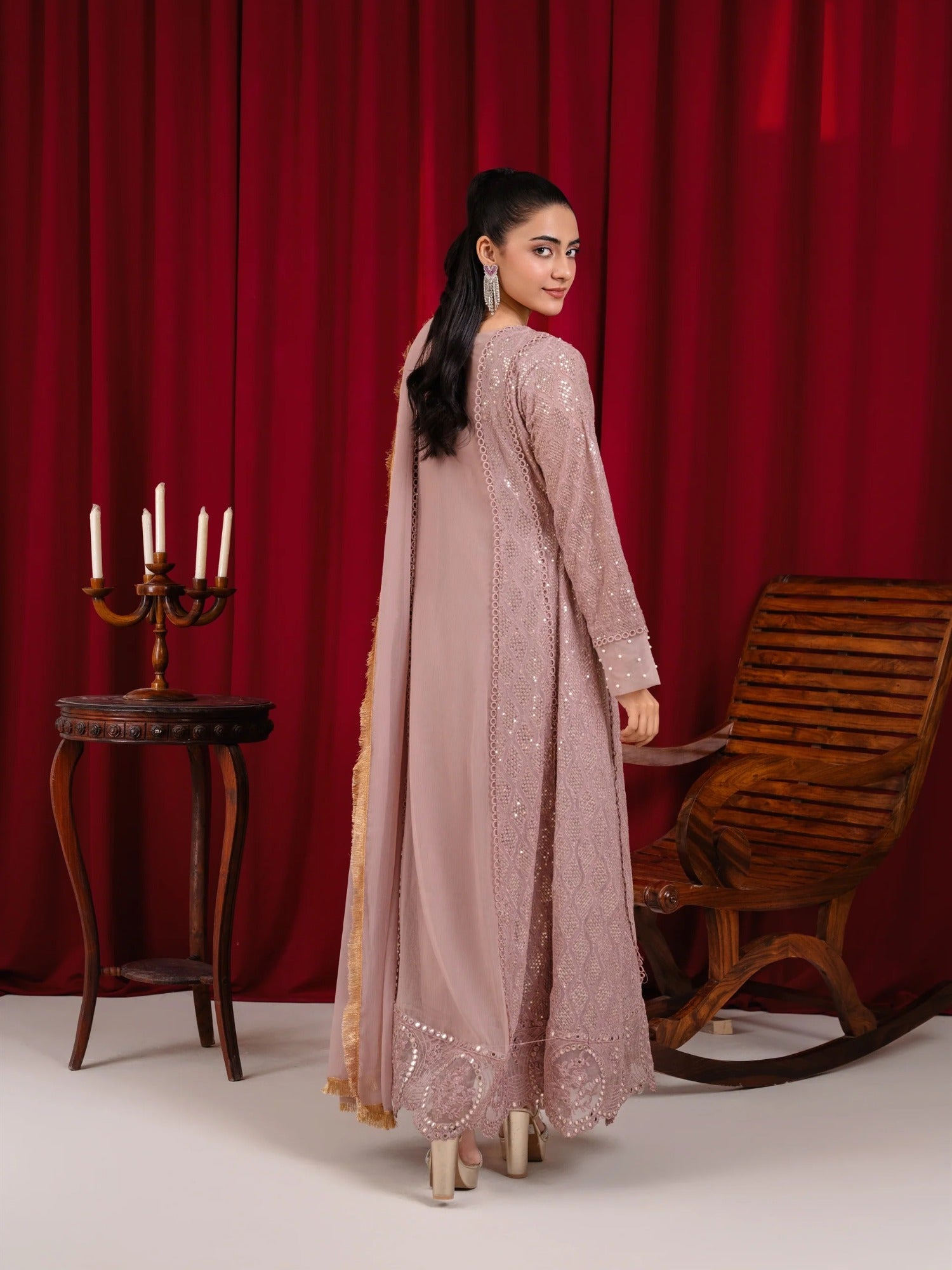 Pink Manahil Arts Chiffon Embellished Stitched 3-Piece Suit-K-136-Tea Rose