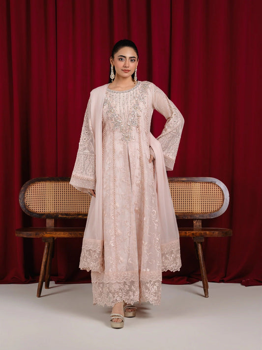 Peach Manahil Arts Khaadi Net Embellished Stitched 3-Piece Suit-K-160-Peach