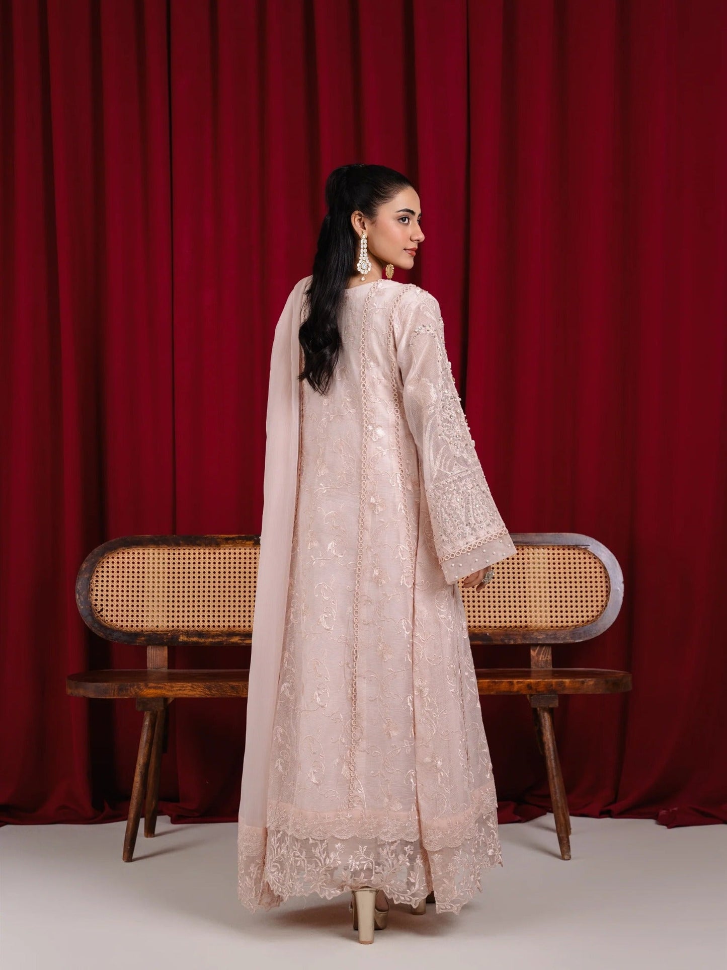 Peach Manahil Arts Khaadi Net Embellished Stitched 3-Piece Suit-K-160-Peach