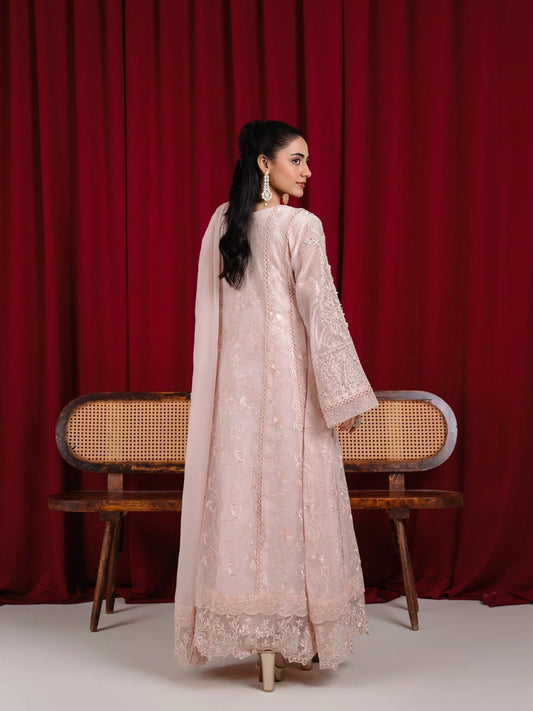 Peach Manahil Arts Khaadi Net Embellished Stitched 3-Piece Suit-K-160-Peach