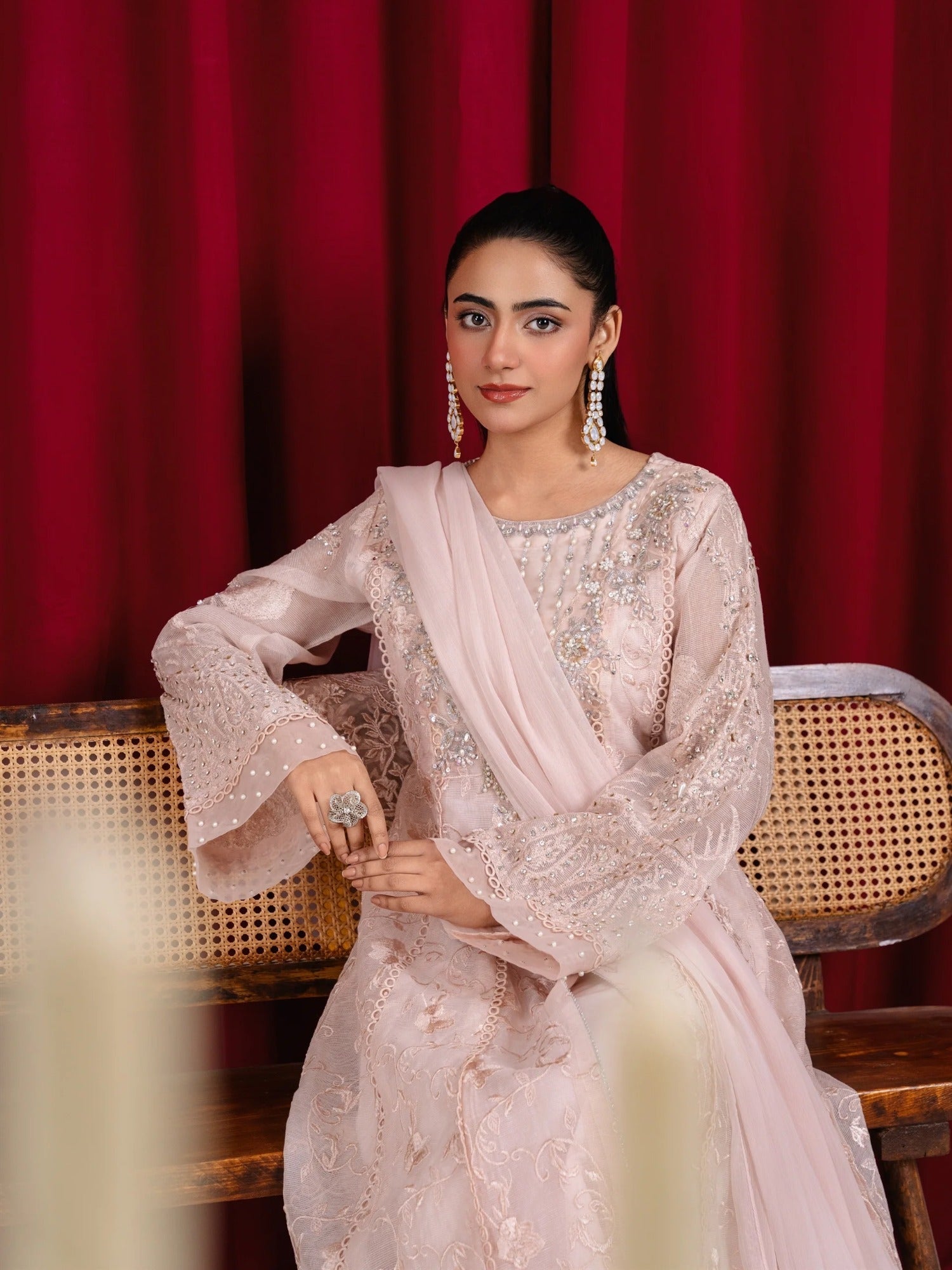 Peach Manahil Arts Khaadi Net Embellished Stitched 3-Piece Suit-K-160-Peach