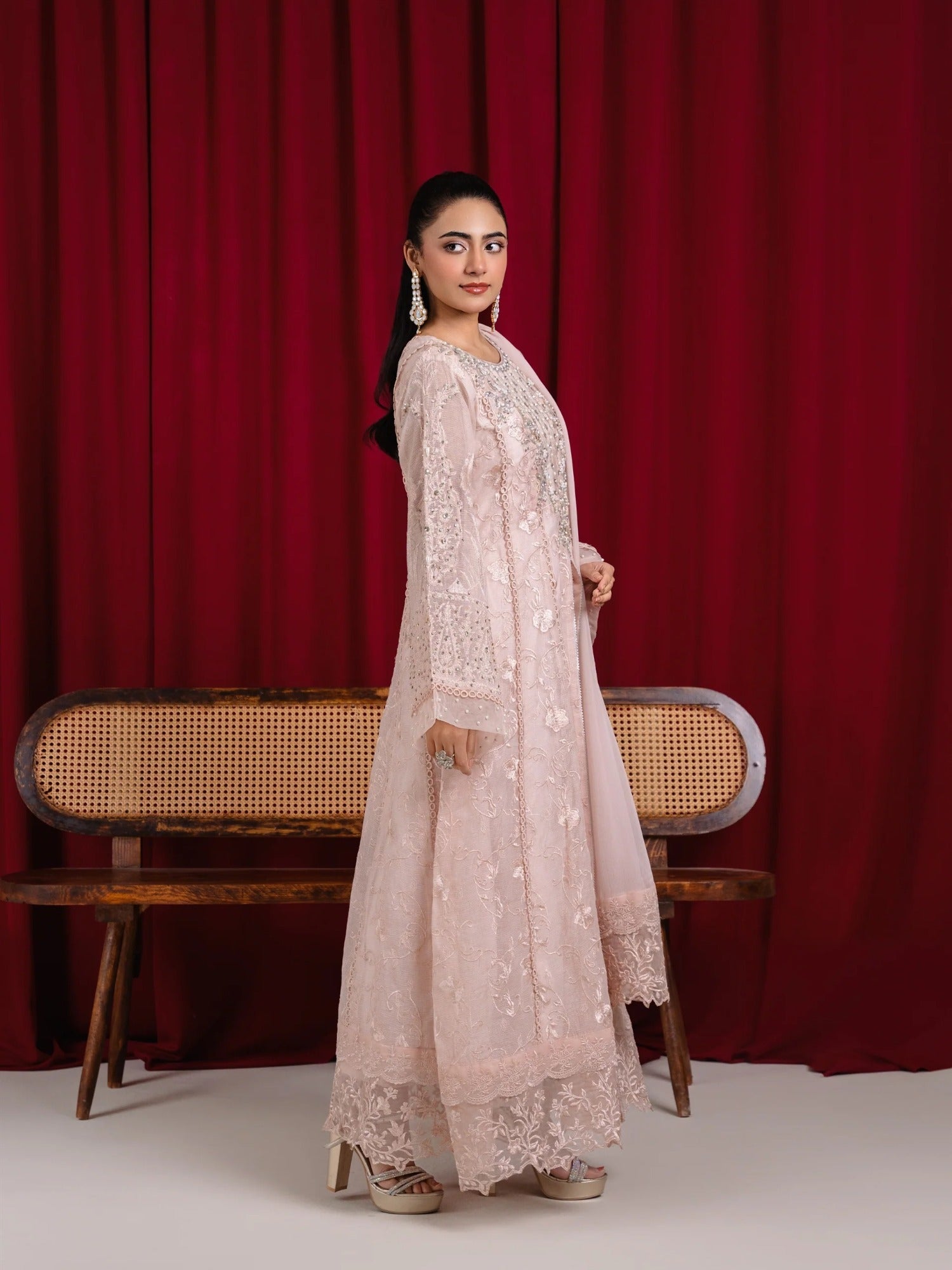 Peach Manahil Arts Khaadi Net Embellished Stitched 3-Piece Suit-K-160-Peach