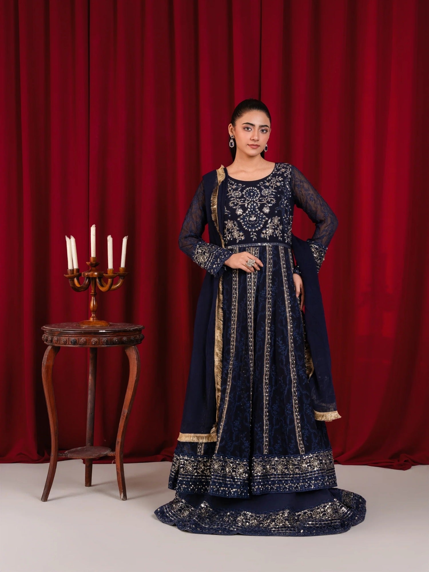 Blue Manahil Arts Chiffon Embellished Stitched 3-Piece Suit-B-007-Navy Blue 