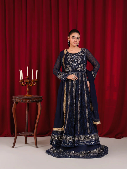 Blue Manahil Arts Chiffon Embellished Maxi-B-007-Navy Blue