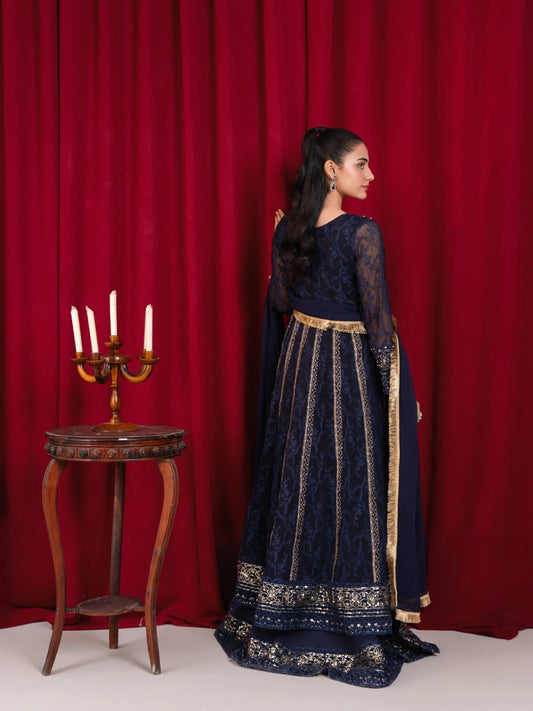 Blue Manahil Arts Chiffon Embellished Maxi-B-007-Navy Blue
