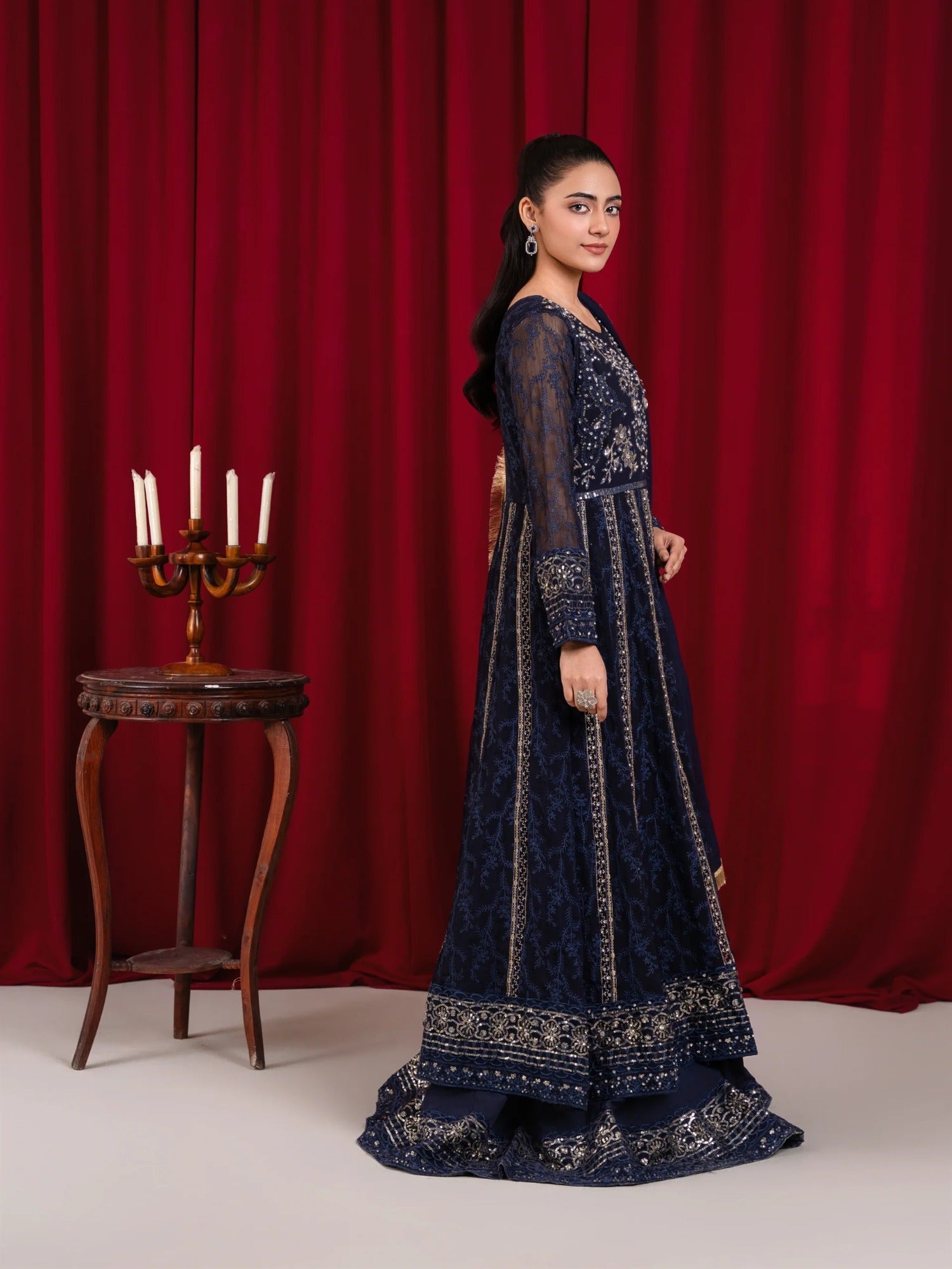 Blue Manahil Arts Chiffon Embellished Stitched 3-Piece Suit-B-007-Navy Blue 
