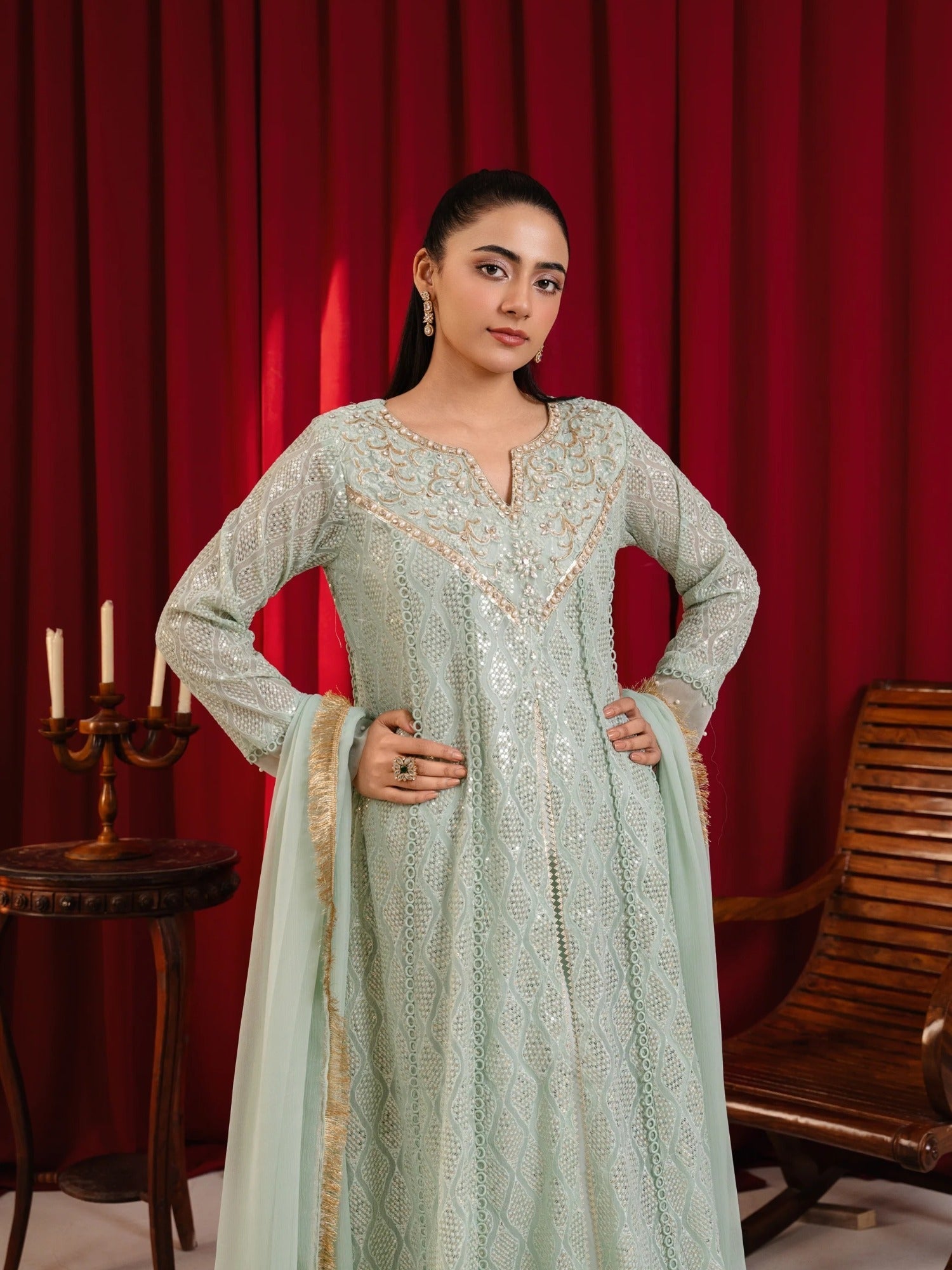Manahil Arts Chiffon Embellished Stitched 3-Piece Suit-K-136-Mint Green