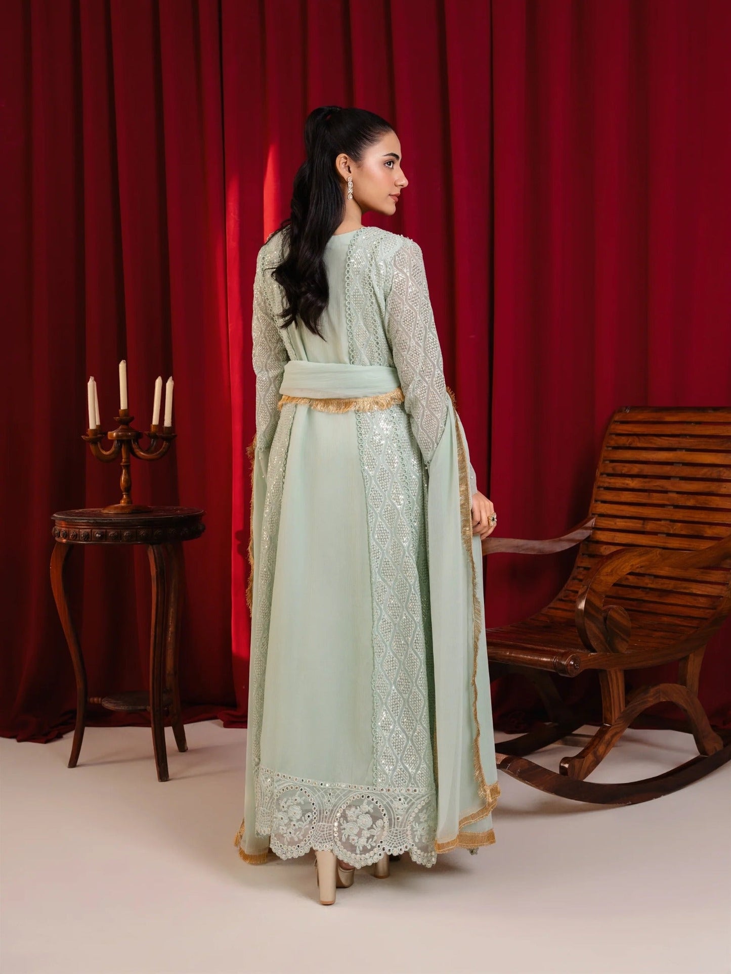 Manahil Arts Chiffon Embellished Stitched 3-Piece Suit-K-136-Mint Green
