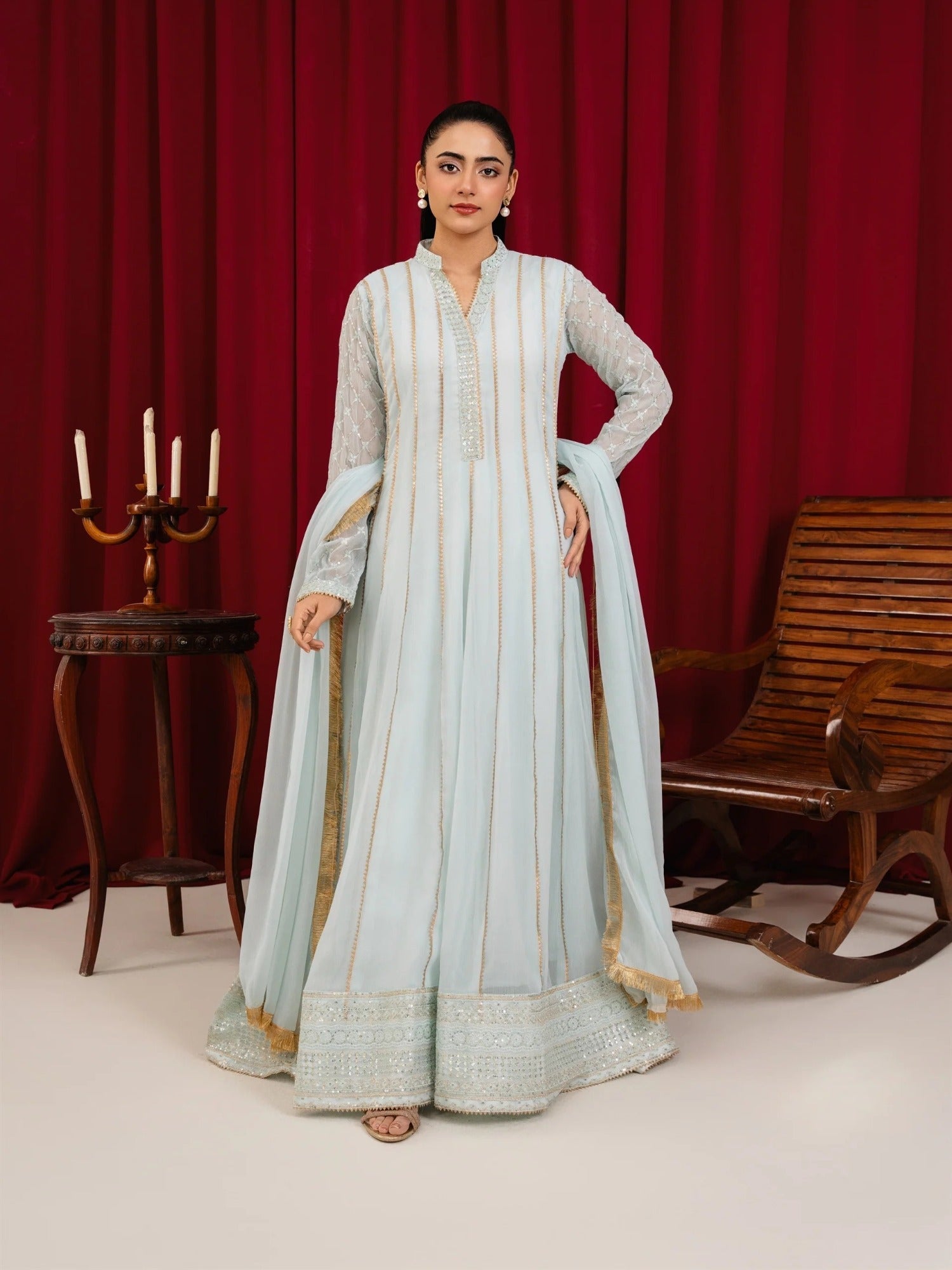 Manahil Arts Chiffon Embroidered Stitched 3-Piece Suit-Maxi-106-Ice Blue