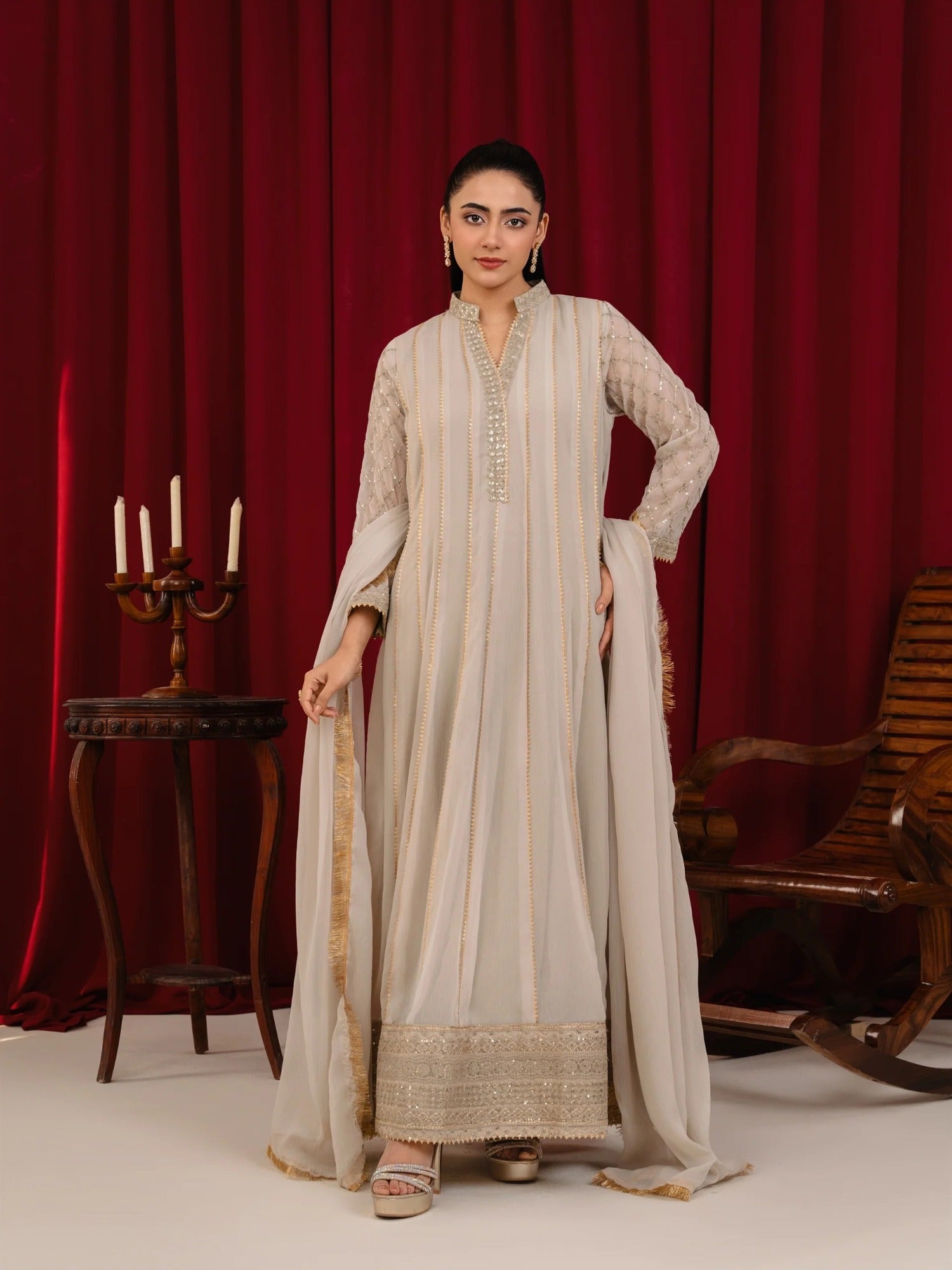 Manahil Arts Chiffon Embroidered Stitched 3-Piece Suit-Maxi-106-Tan