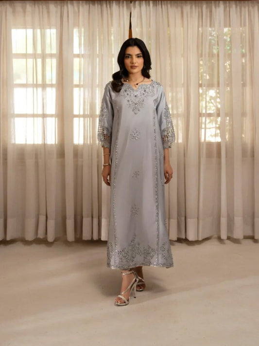 Grey-Haleema Sadia Sheesha Silk Embellished Stitched 2-Piece Suit-Liyana