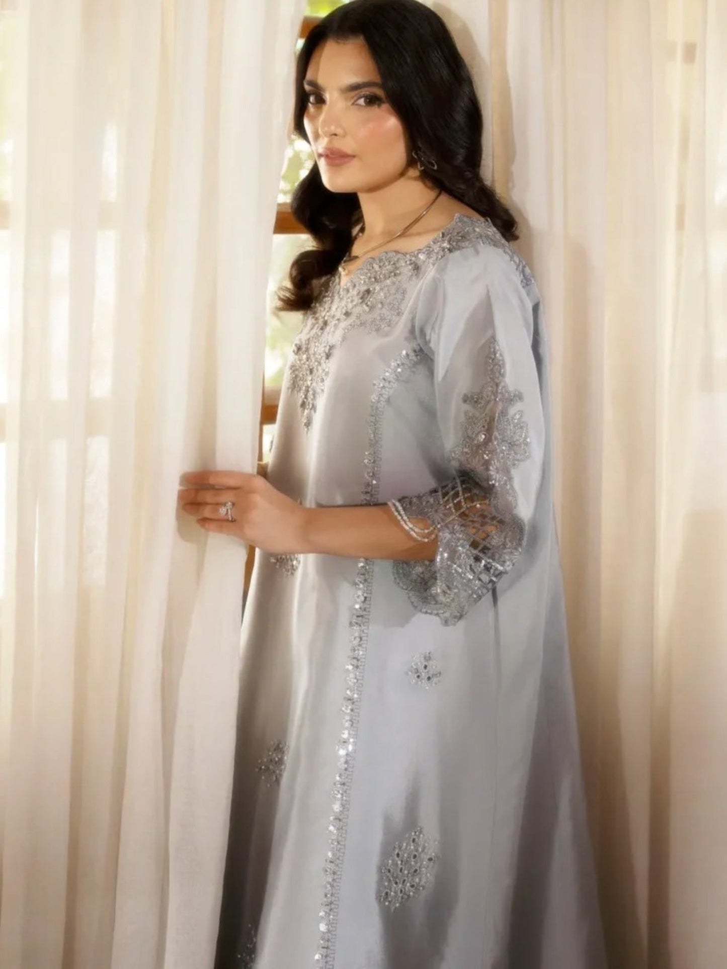 Grey-Haleema Sadia Sheesha Silk Embellished Stitched 2-Piece Suit-Liyana