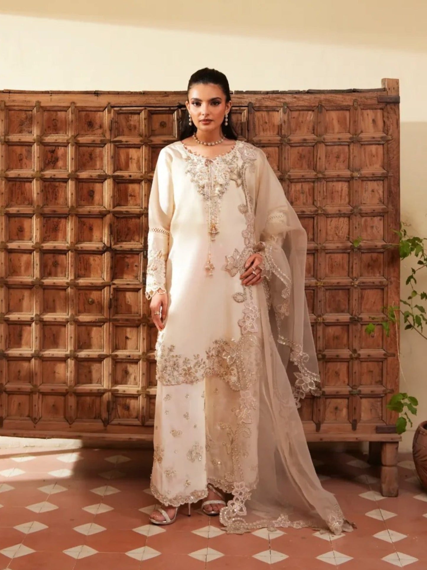 Ivory-Haleema Sadia Sheesha Silk Embellished Stitched 3-Piece Suit-Ivora