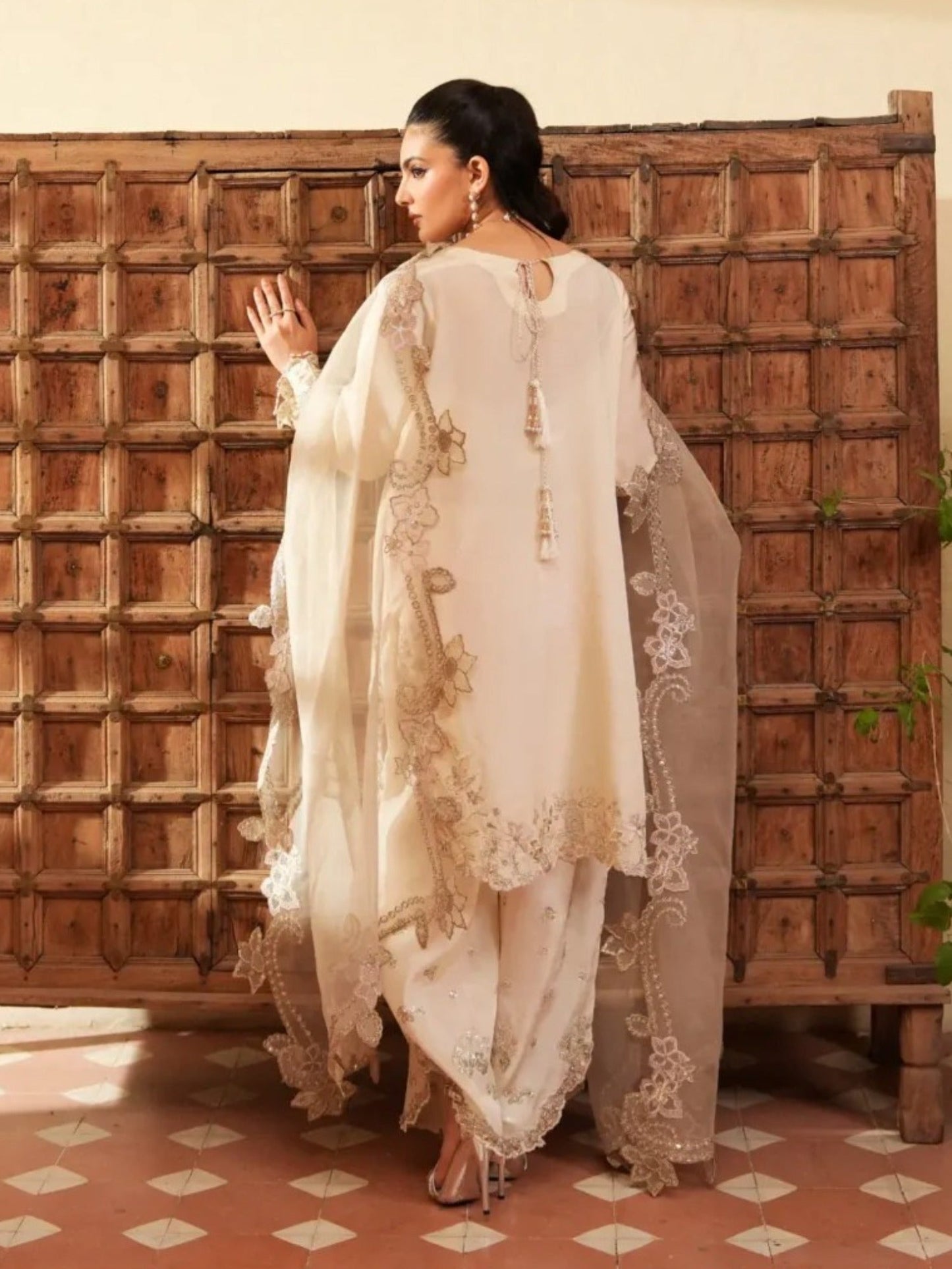 Ivory-Haleema Sadia Sheesha Silk Embellished Stitched 3-Piece Suit-Ivora