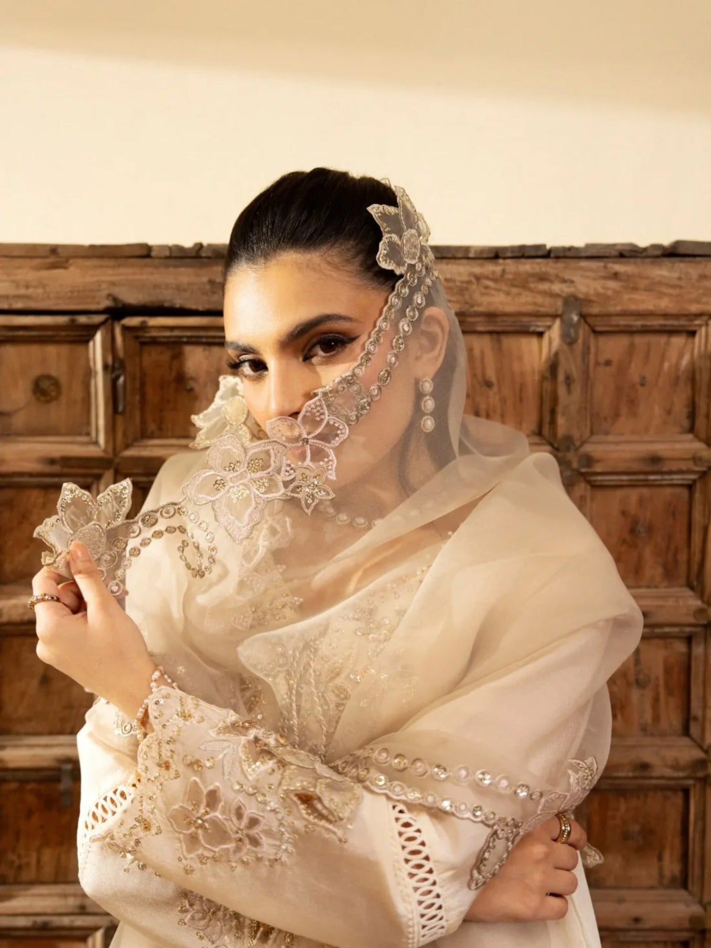 Ivory-Haleema Sadia Sheesha Silk Embellished Stitched 3-Piece Suit-Ivora
