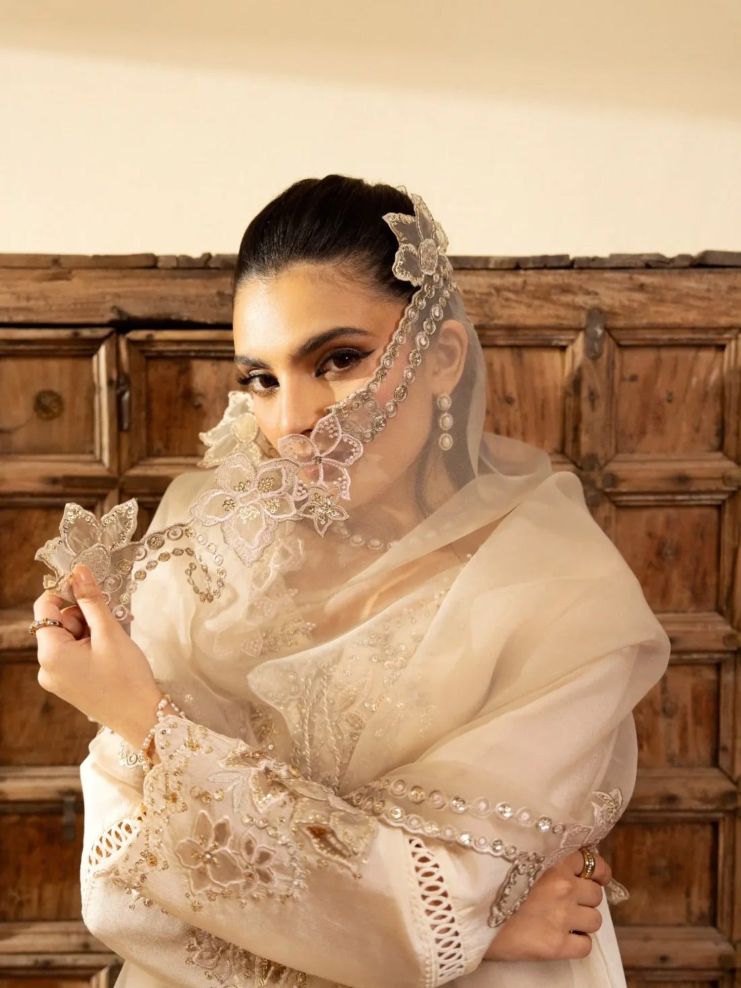 Ivory-Haleema Sadia Sheesha Silk Embellished Stitched 3-Piece Suit-Ivora
