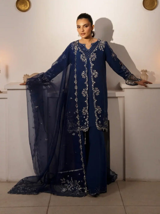 Haleema Sadia Sheesha Silk Embellished Stitched 3-Piece Suit-Sapphire