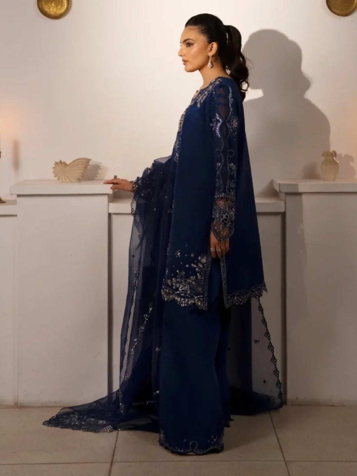 Haleema Sadia Sheesha Silk Embellished Stitched 3-Piece Suit-Sapphire