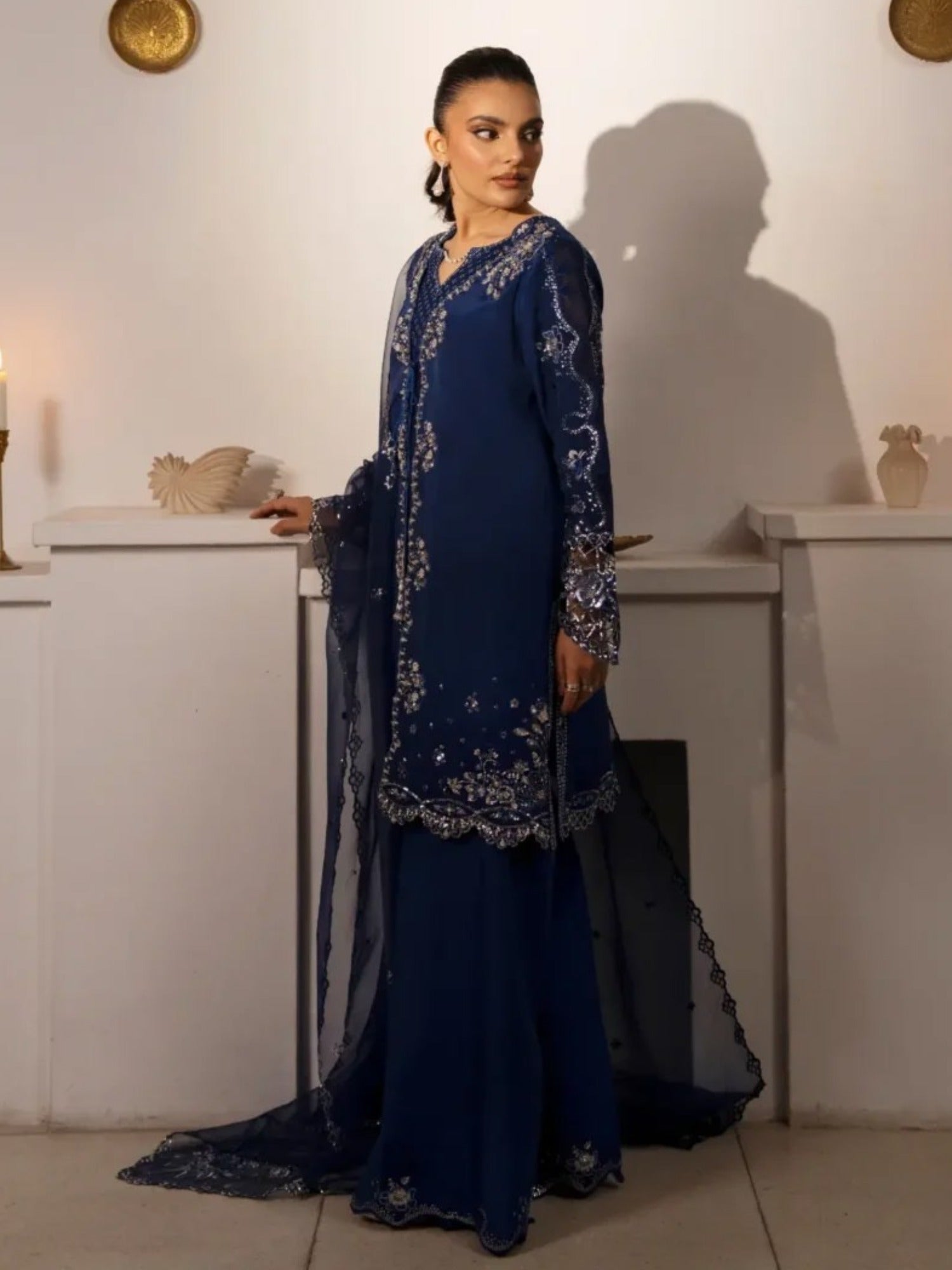 Haleema Sadia Sheesha Silk Embellished Stitched 3-Piece Suit-Sapphire