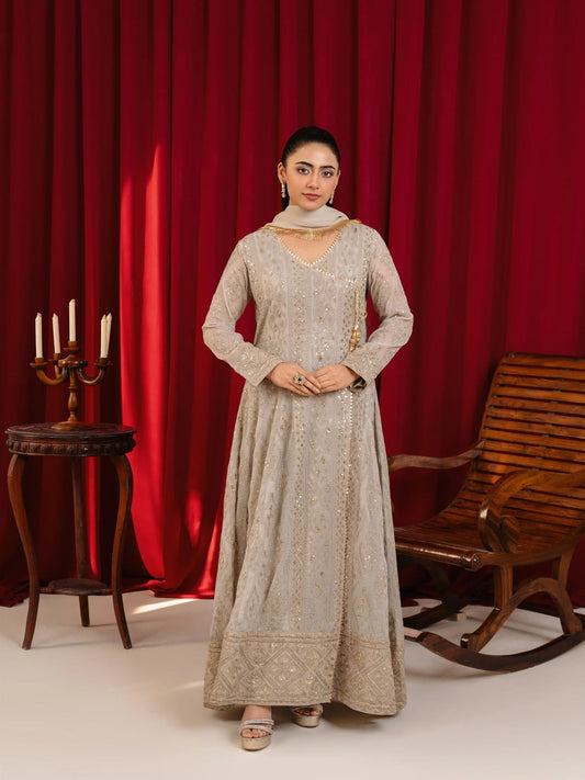 Taupe Manahil Arts Chiffon Embroidered Stitched 3-Piece Suit-Angrakha-099-Tan