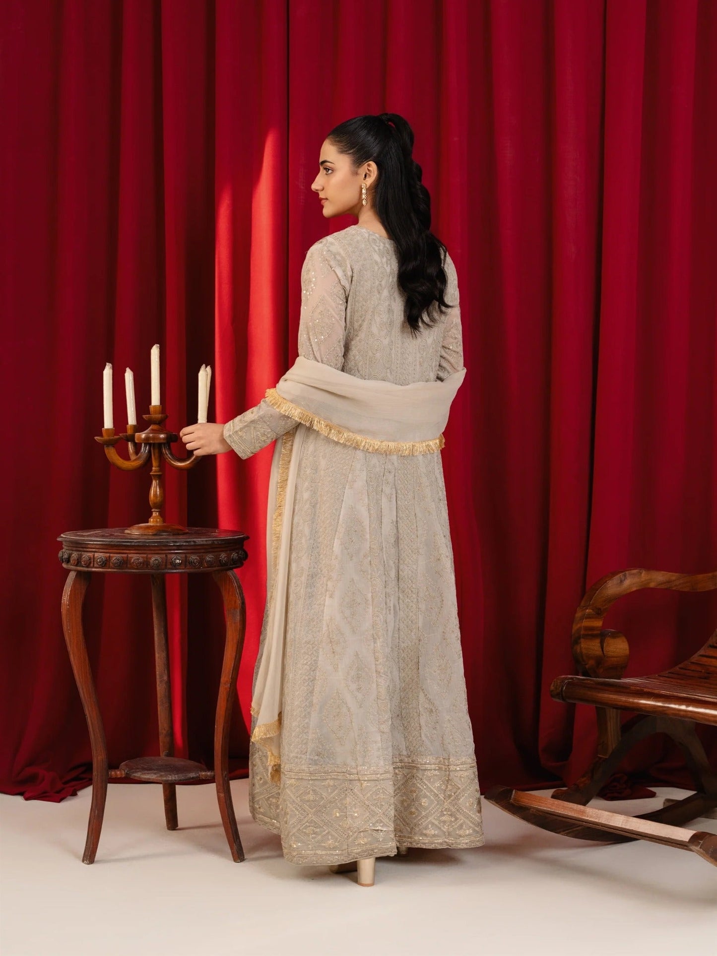 Taupe Manahil Arts Chiffon Embroidered Stitched 3-Piece Suit-Angrakha-099-Tan