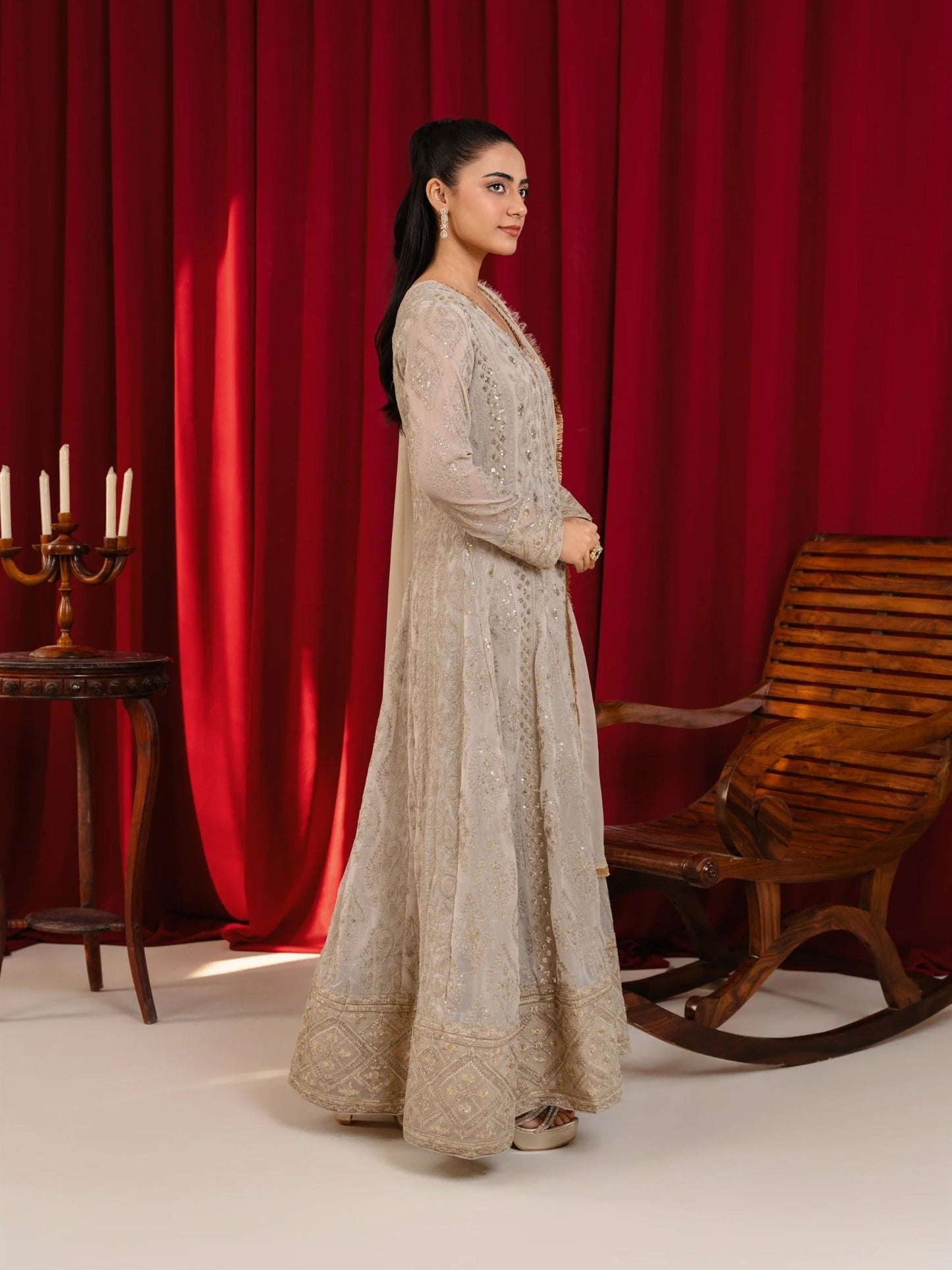Taupe Manahil Arts Chiffon Embroidered Stitched 3-Piece Suit-Angrakha-099-Tan