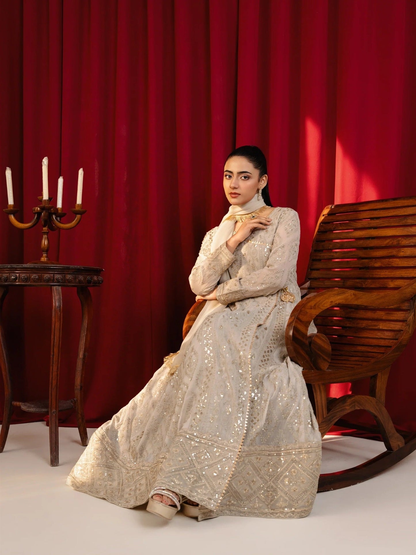 Taupe Manahil Arts Chiffon Embroidered Stitched 3-Piece Suit-Angrakha-099-Tan