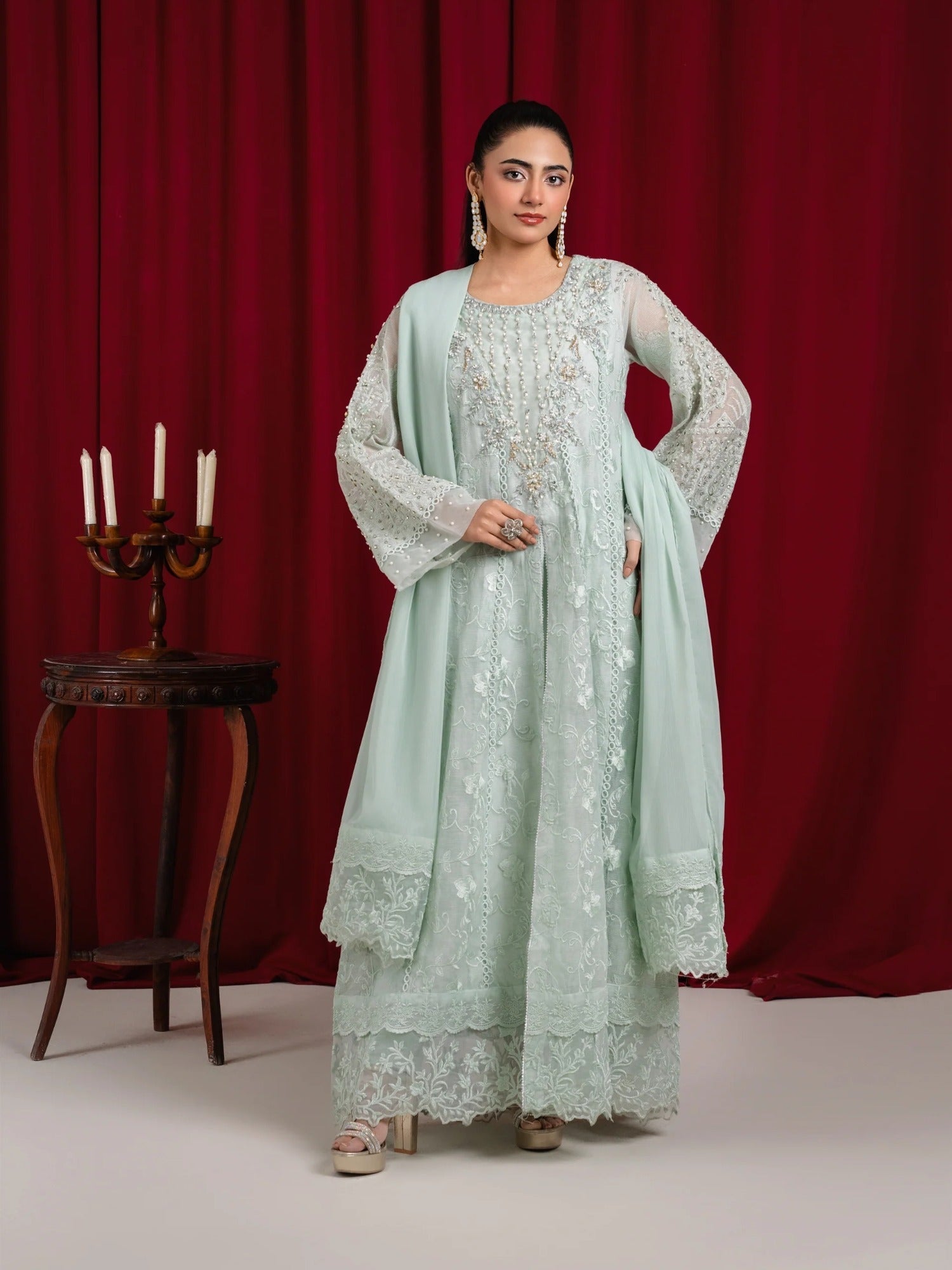 Mint Green Manahil Arts Khaadi Net Embellished Stitched 3-Piece Suit-K-160-Mint Green 