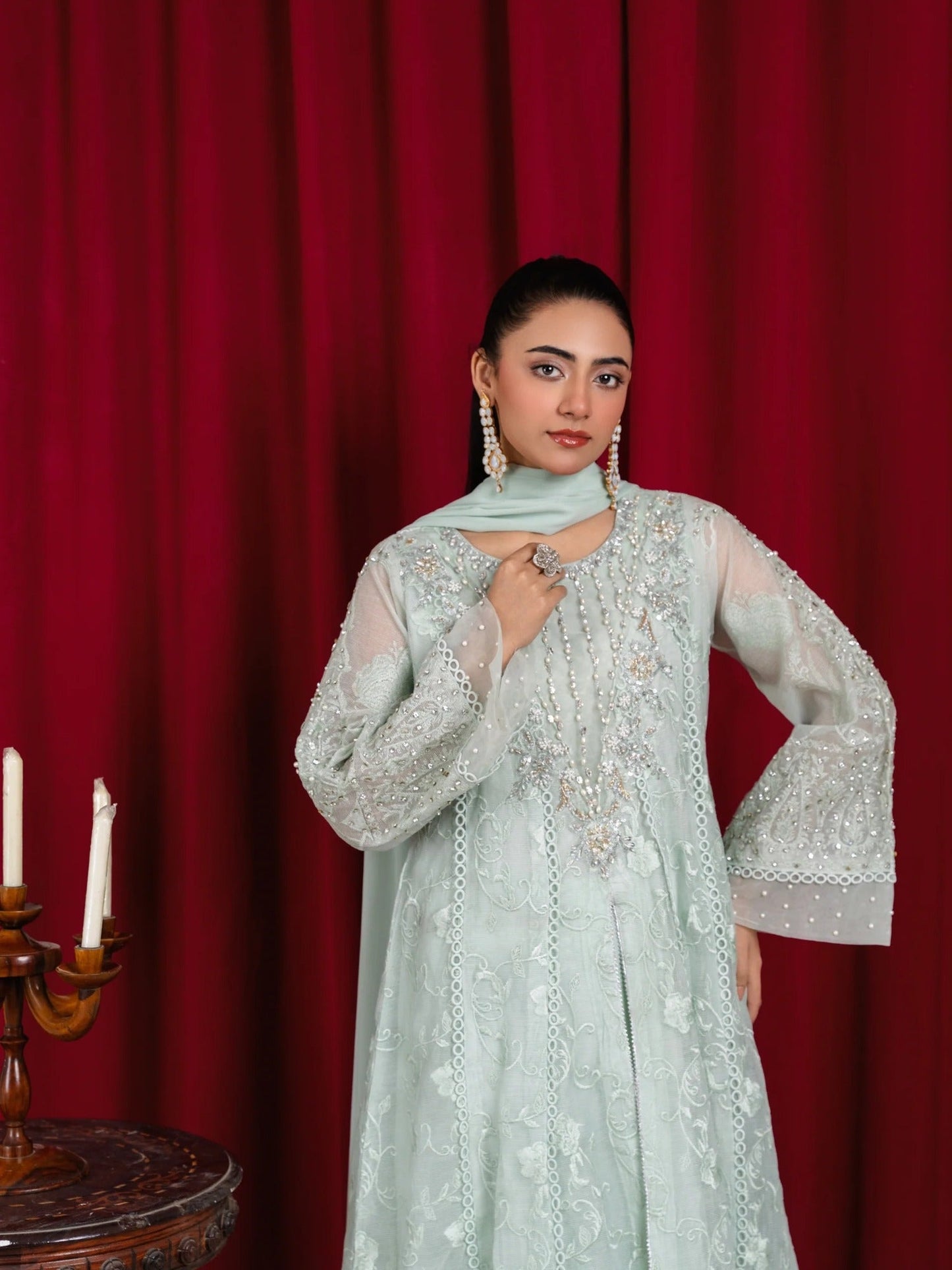 Mint Green Manahil Arts Khaadi Net Embellished Stitched 3-Piece Suit-K-160-Mint Green 