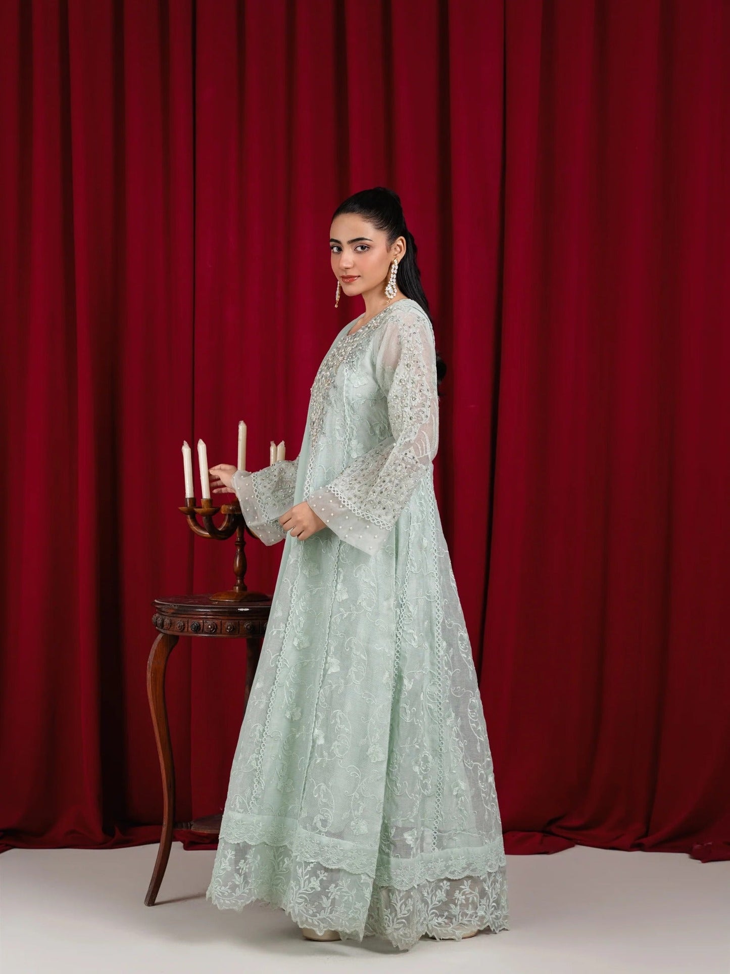Mint Green Manahil Arts Khaadi Net Embellished Stitched 3-Piece Suit-K-160-Mint Green 