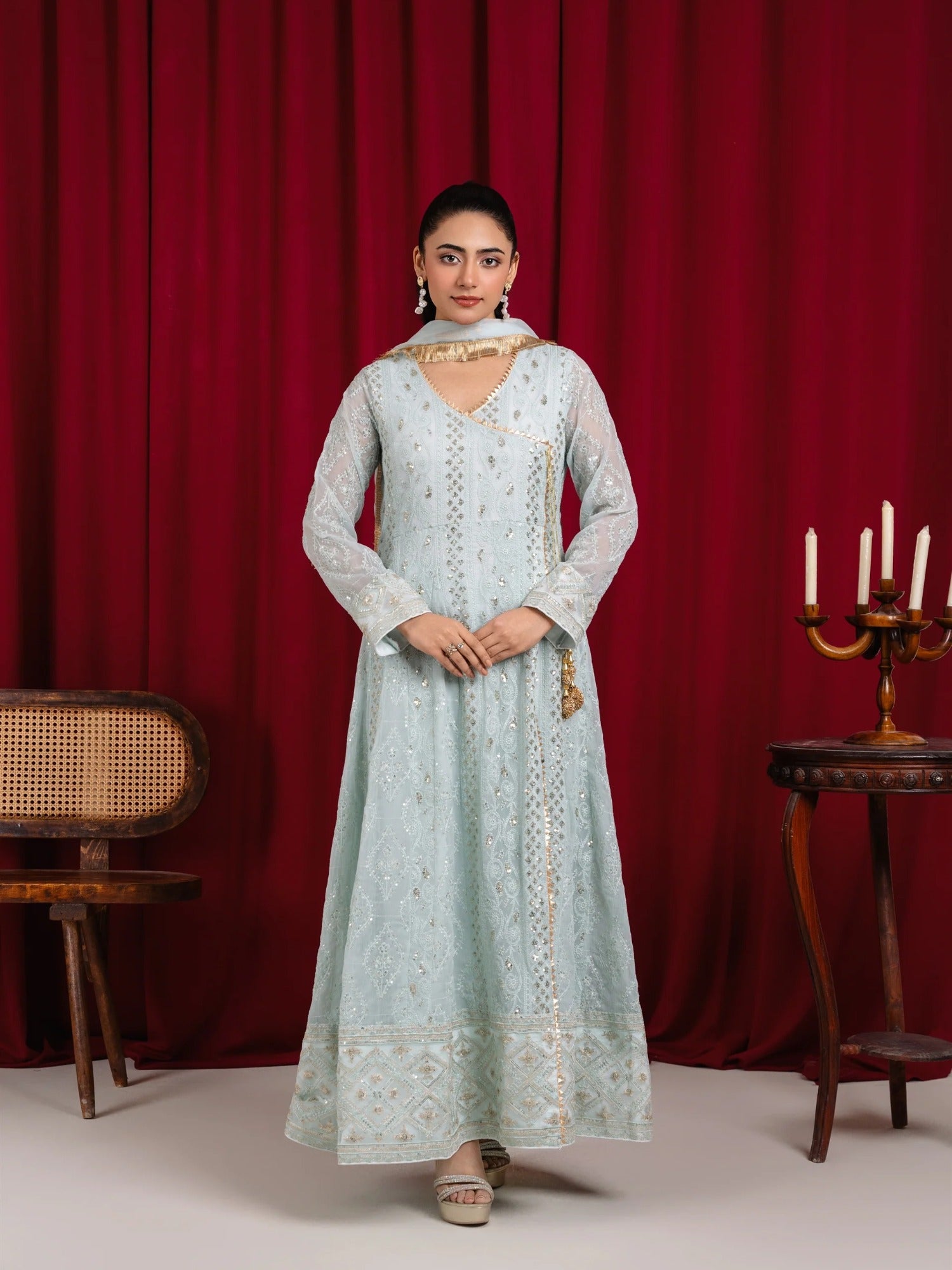 Manahil Arts Chiffon Embroidered Stitched 3-Piece Suit-Angrakha-099-Ice Blue