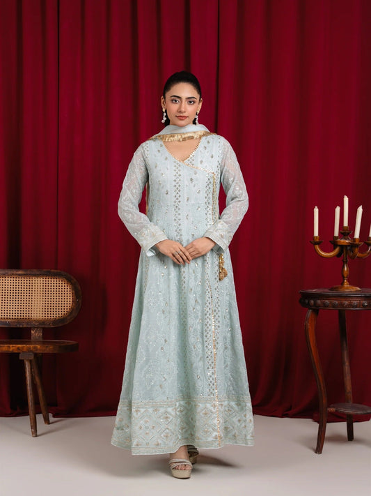 Manahil Arts Chiffon Embroidered Stitched 3-Piece Suit-Angrakha-099-Ice Blue