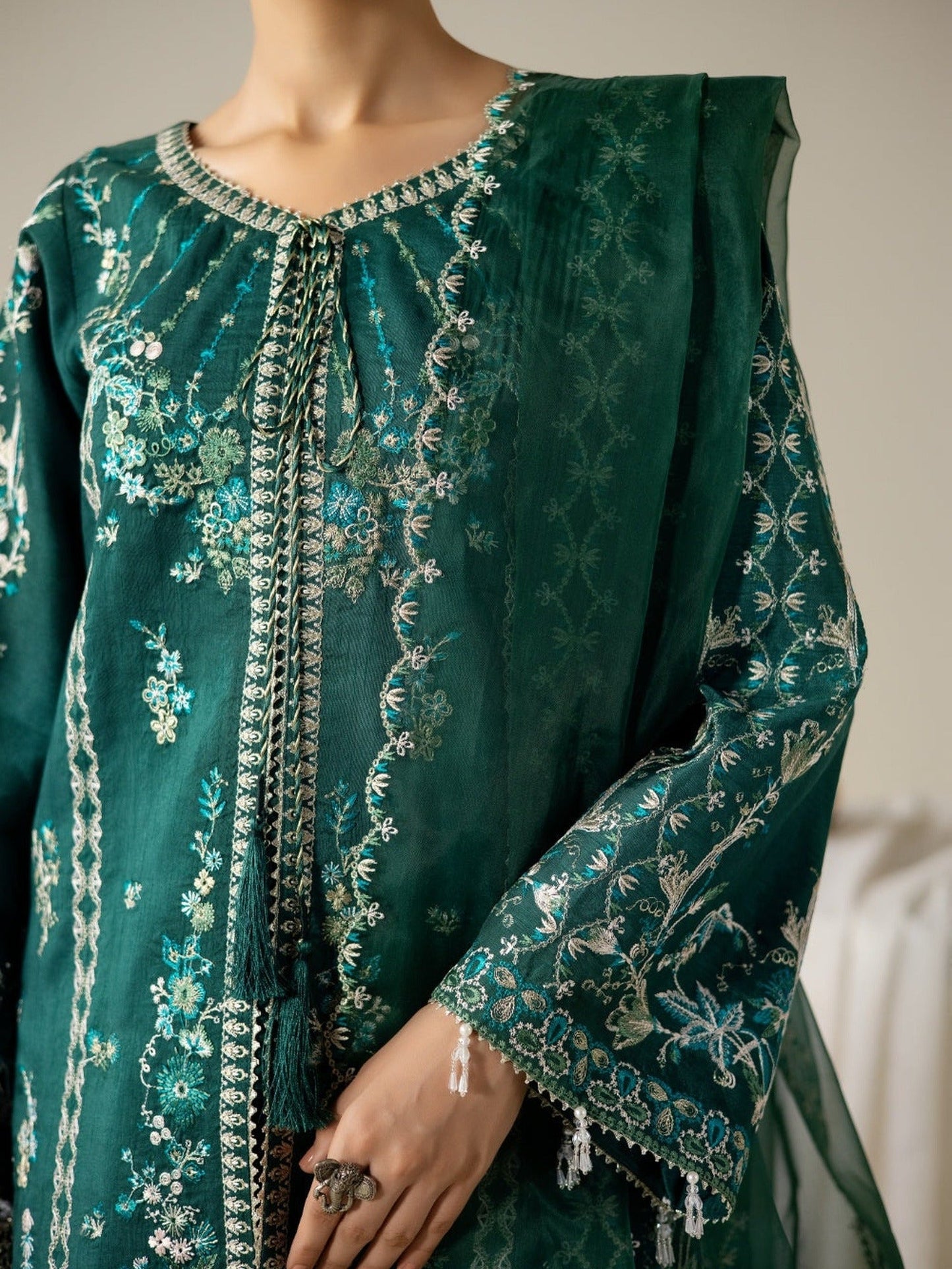 Green Enzo Lune Des Fleurs Korean Raw Silk Embroidered Stitched 3-Piece Suit-Mirelle