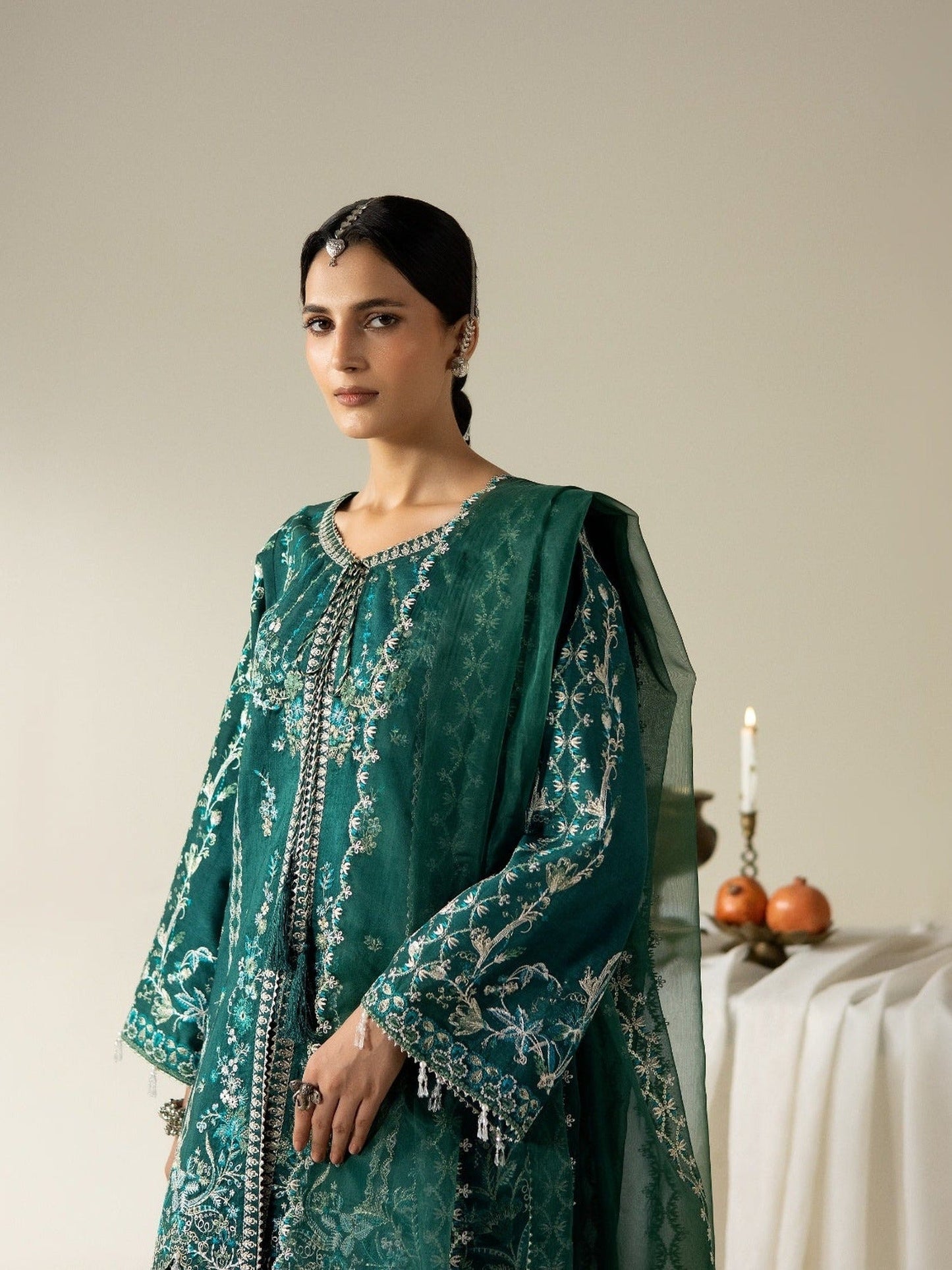 Green Enzo Lune Des Fleurs Korean Raw Silk Embroidered Stitched 3-Piece Suit-Mirelle