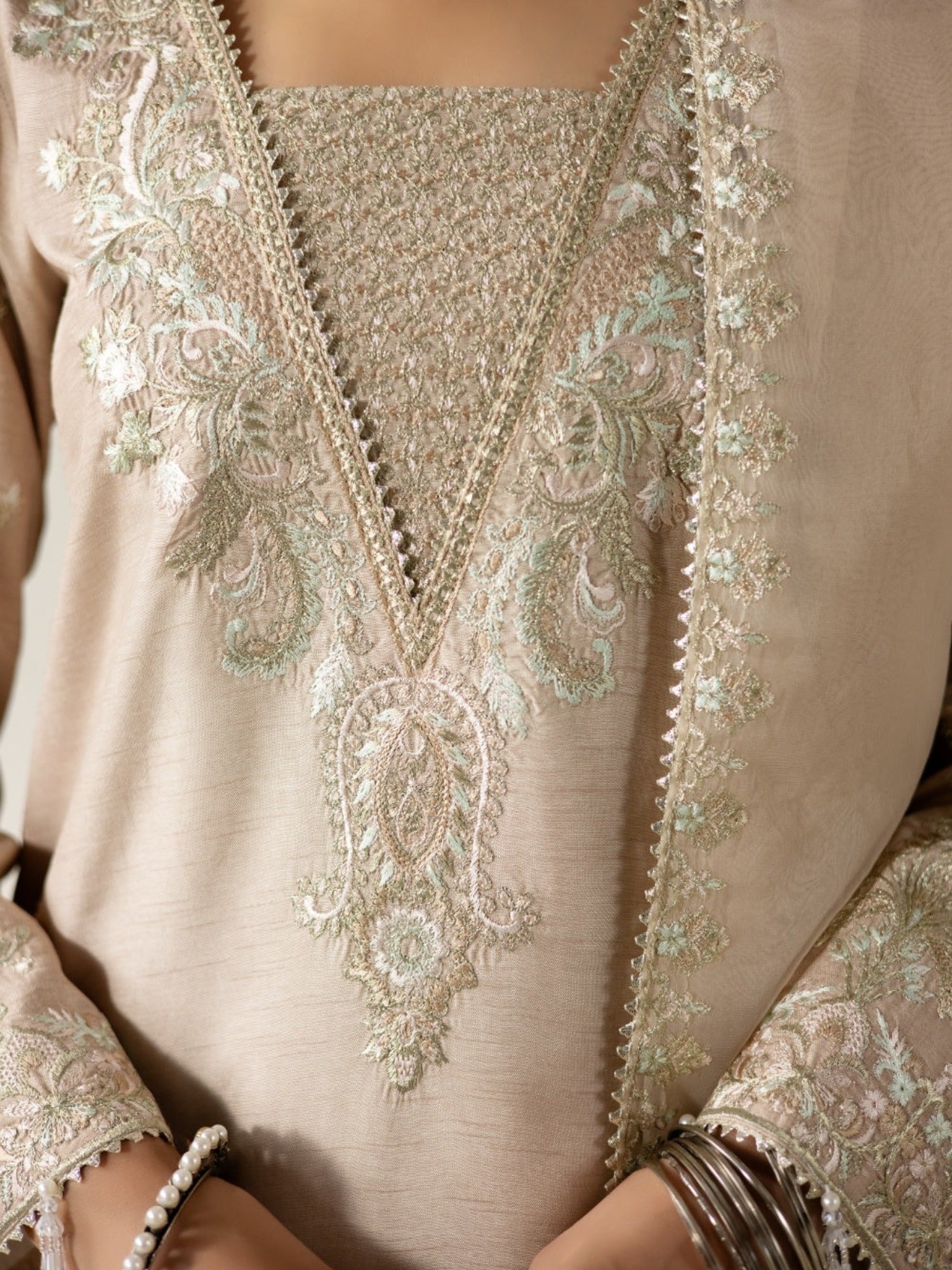 Beige Enzo Lune Des Fleurs Korean Raw Silk Embroidered Stitched 3-Piece Suit-Reina