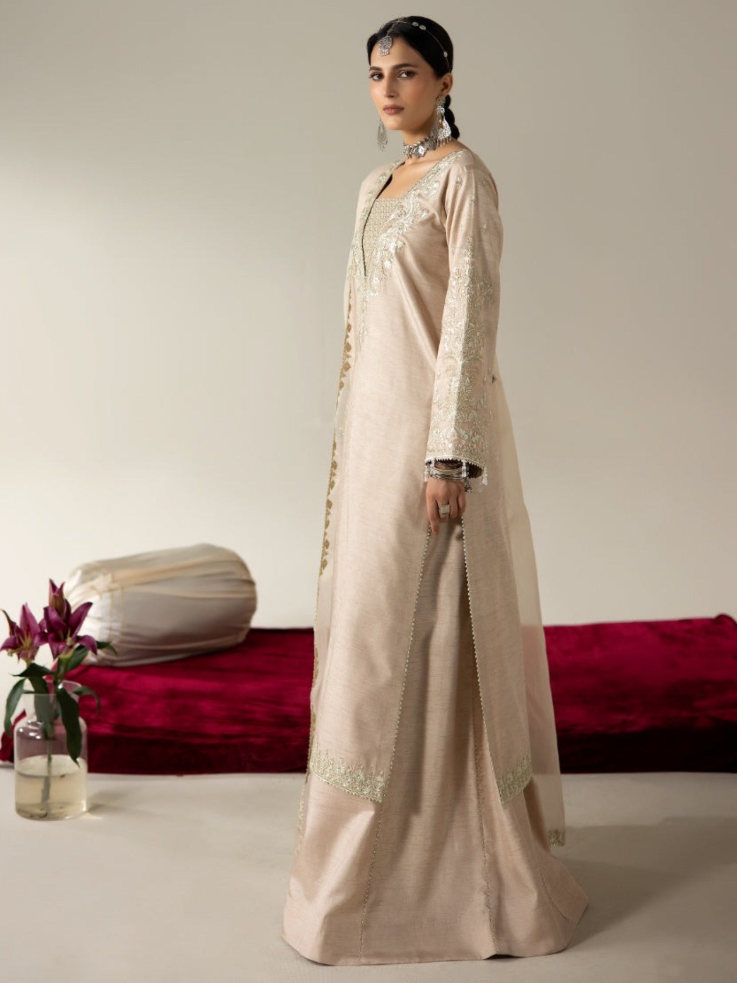 Beige Enzo Lune Des Fleurs Korean Raw Silk Embroidered Unstitched 3-Piece Suit-Reina